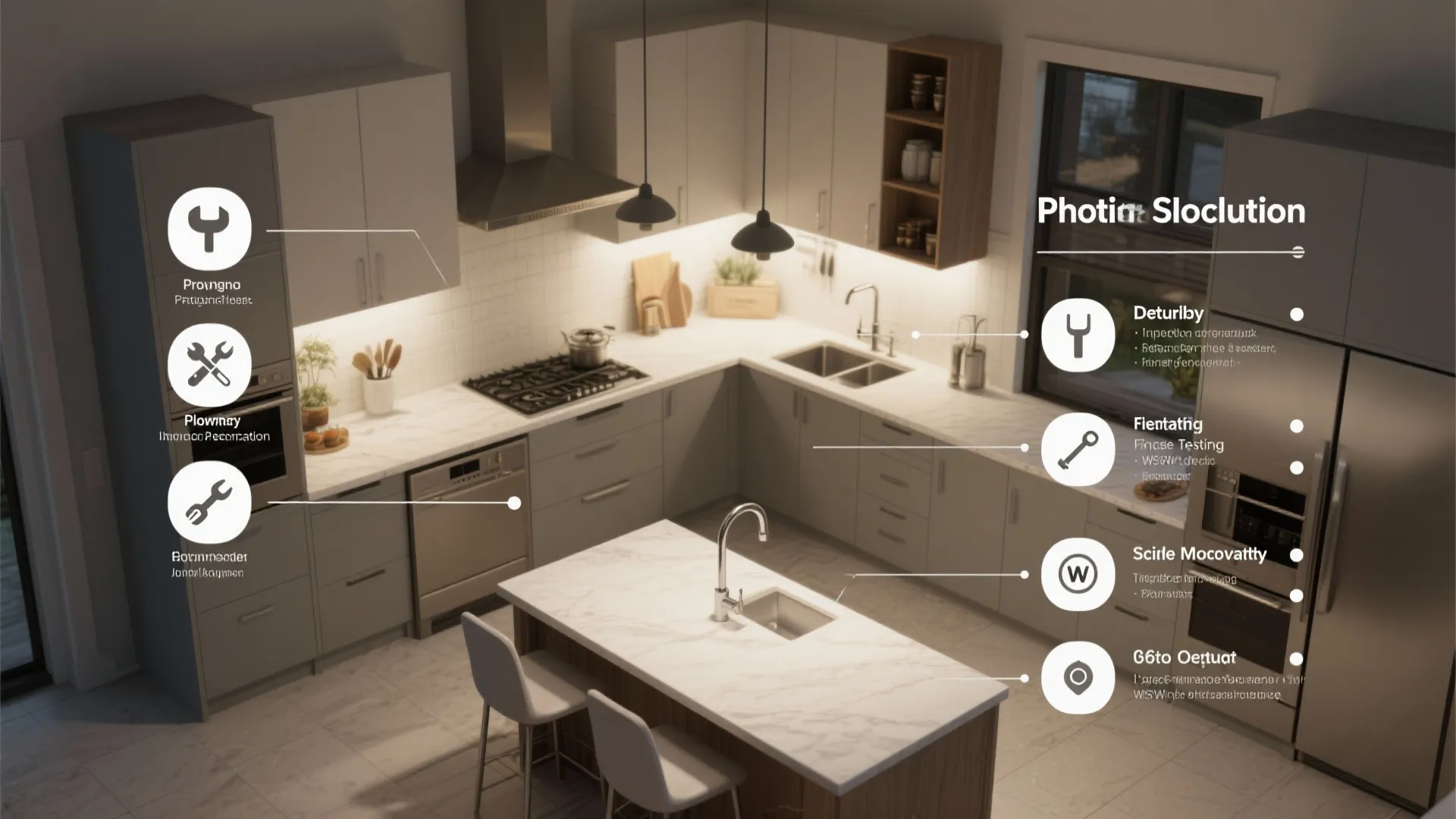Top-down visual checklist for faucet selection showing testing, scale mockup and plumber tools.