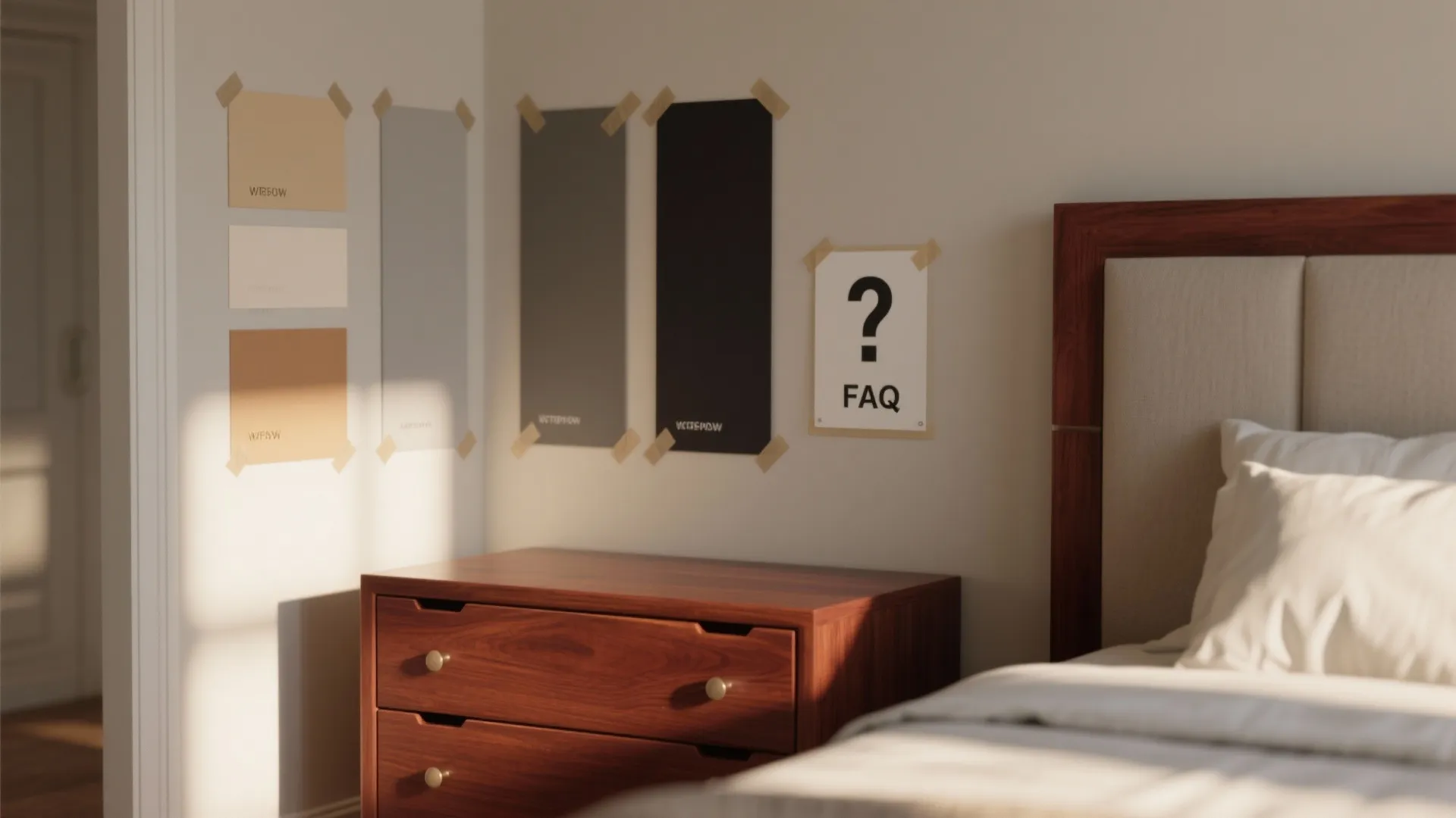 Bedroom vignette showing paint sample strips near cherry wood furniture illustrating FAQ tips for choosing neutrals.