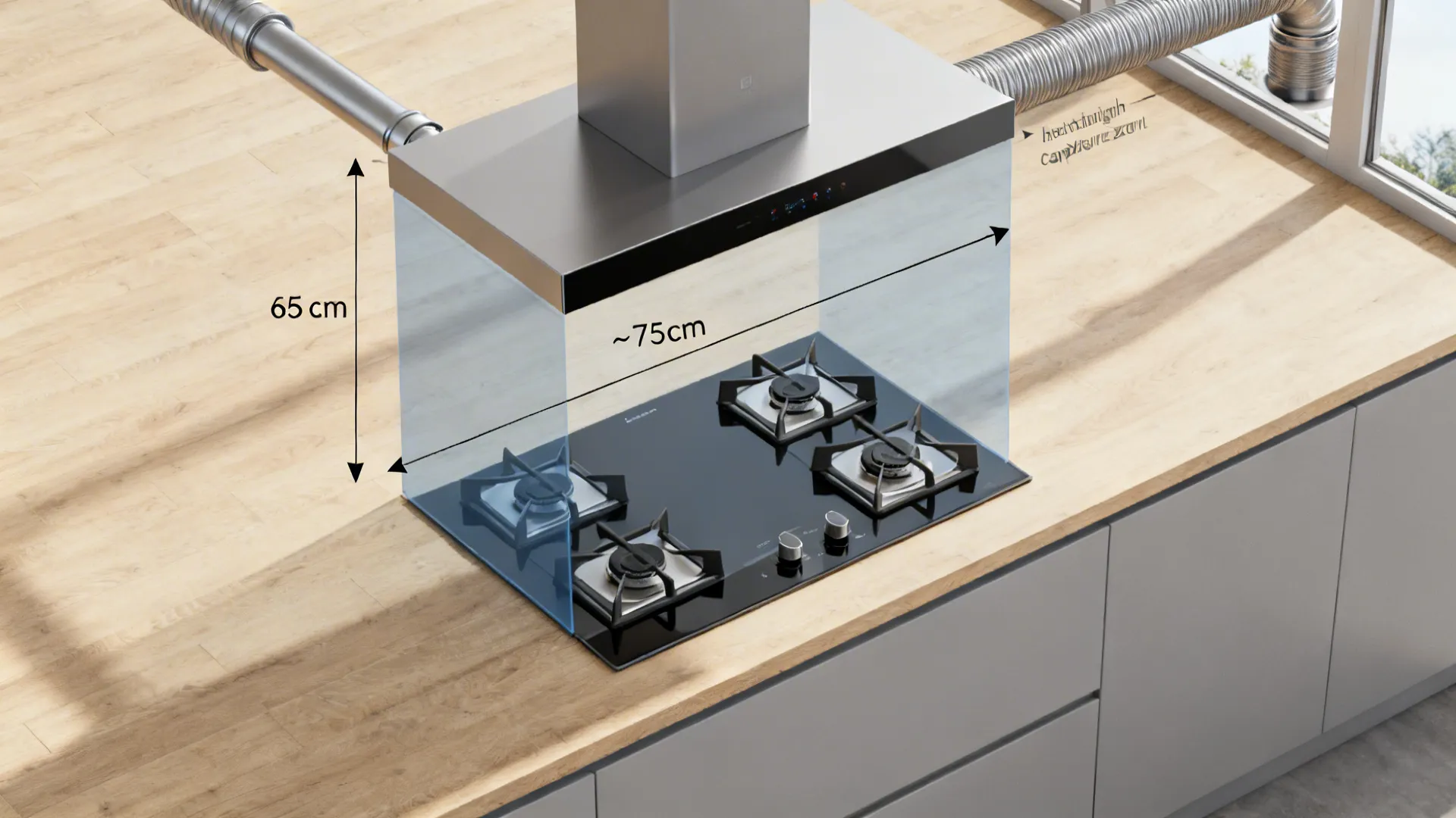 Top-down view illustrating hob-to-hood clearance and a short straight duct route to an exterior wall.