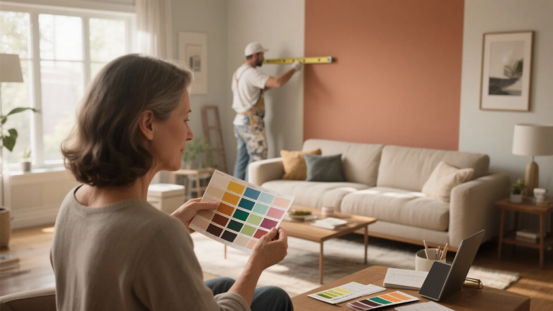 Homeowner and painter reviewing paint swatches in a living room to evaluate costs and options.
