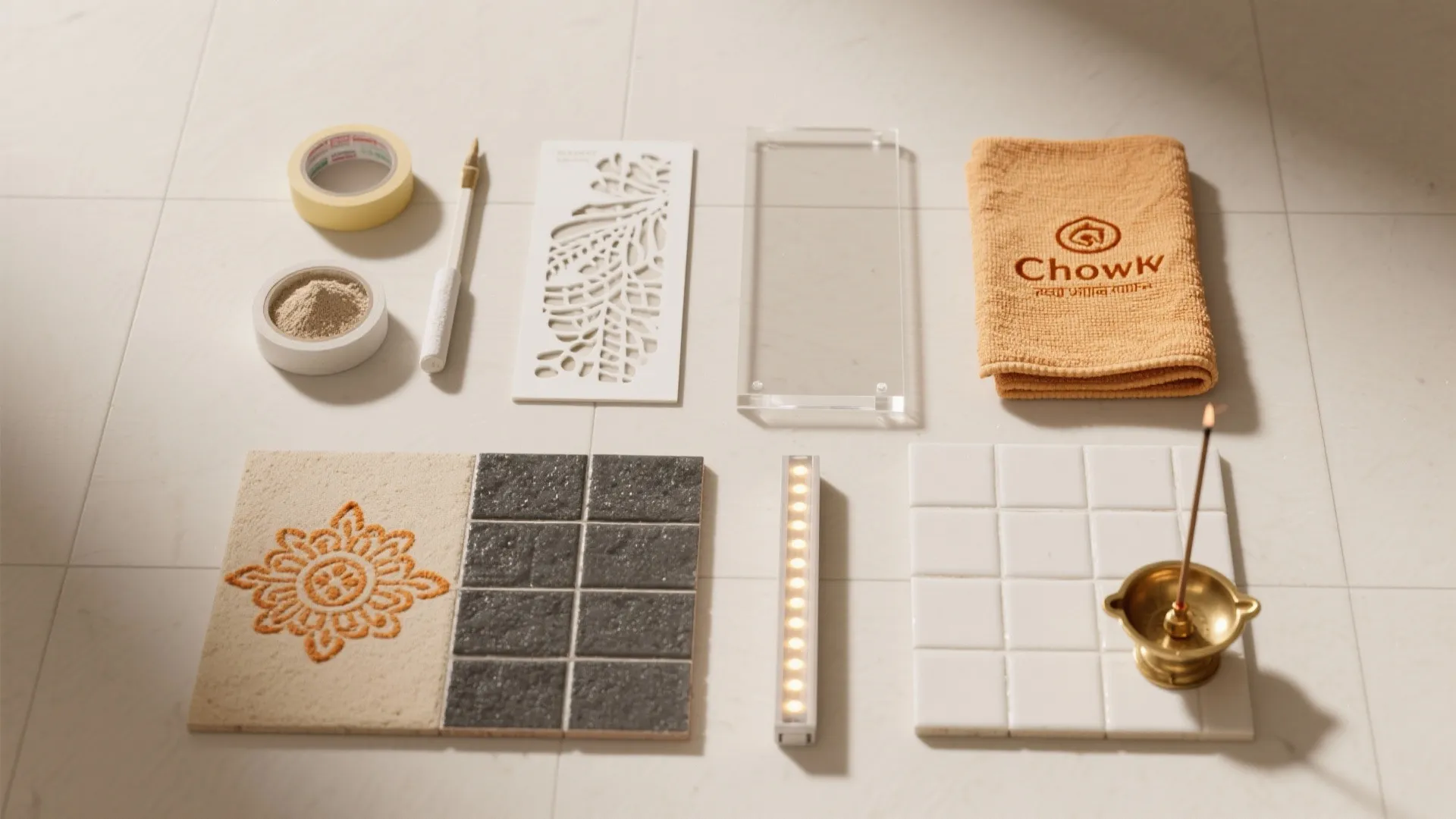 Flat lay of interior design materials including wall tiles light fixture yellow towel and decorative tools