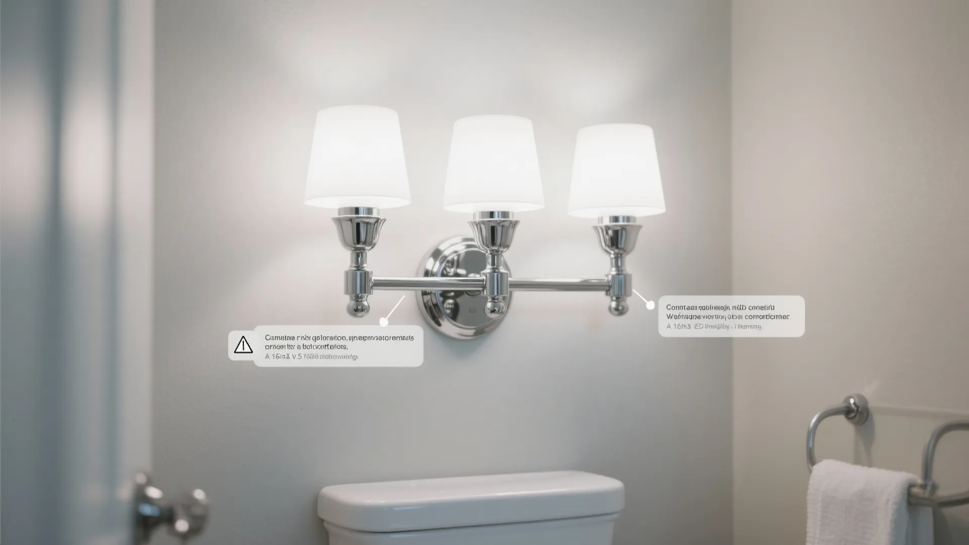 Modern chrome wall light with three white shades mounted above a white bathroom toilet tank