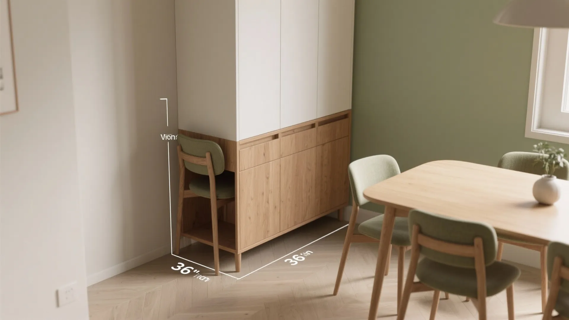 Dining area showing a white and wood cabinet with measurement lines for floor clearance space