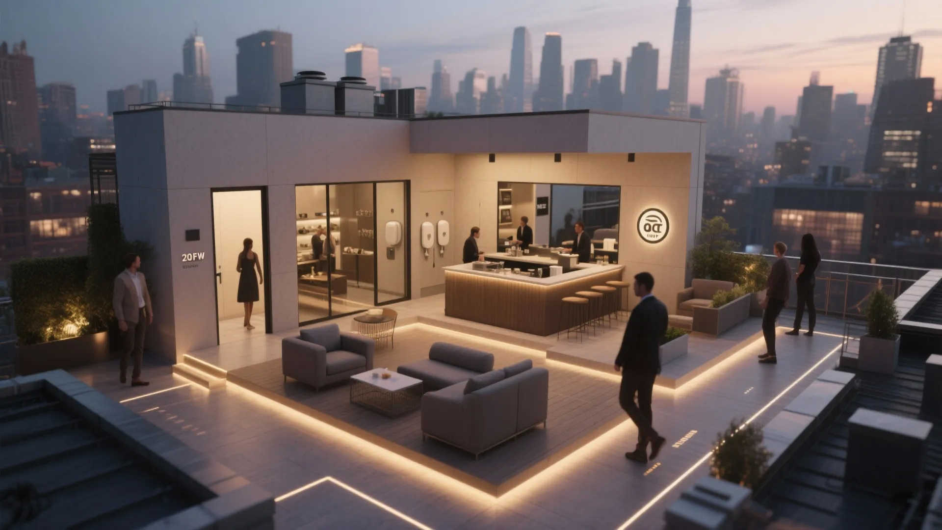 Outdoor rooftop lounge with grey sofas and a bar counter overlooking a modern city skyline