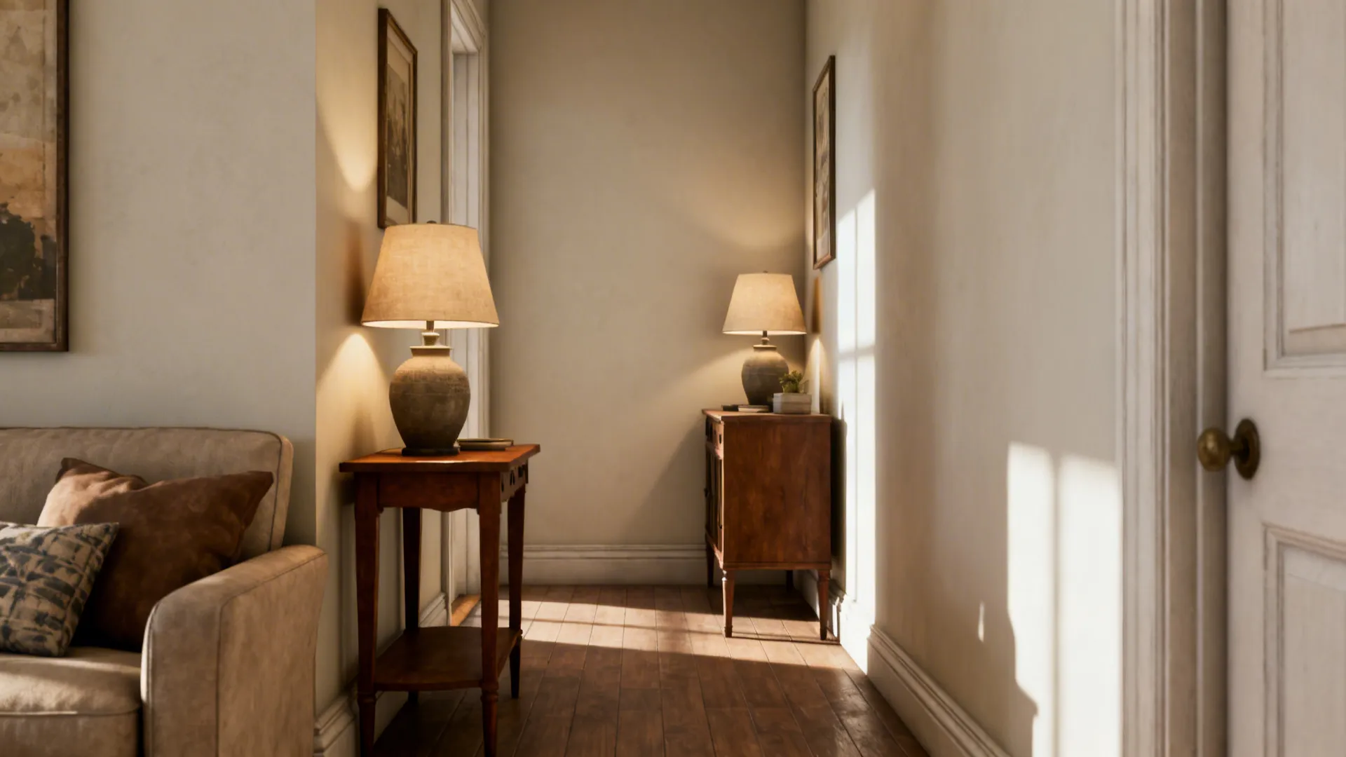 Cozy living room corner showing recommended circulation gap and light walls to make a sofa feel less dominant.
