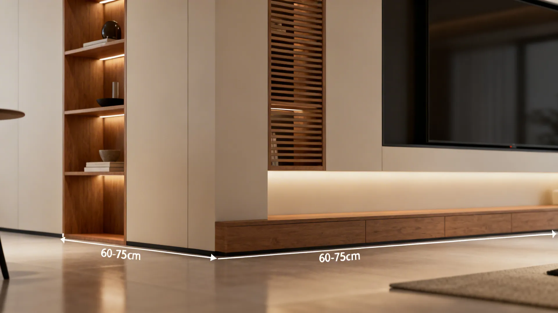 Modern interior design drawing showing wooden TV unit shelves with arrows marking room layout measurement