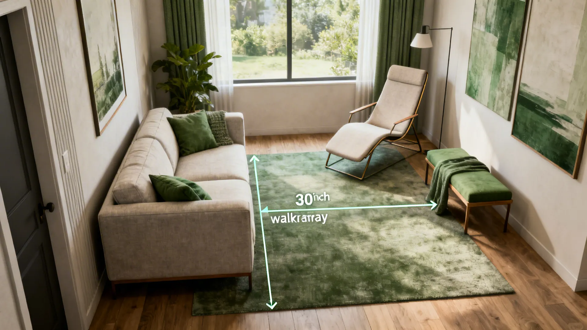 Compact living room showing balanced seating and recommended circulation spacing.