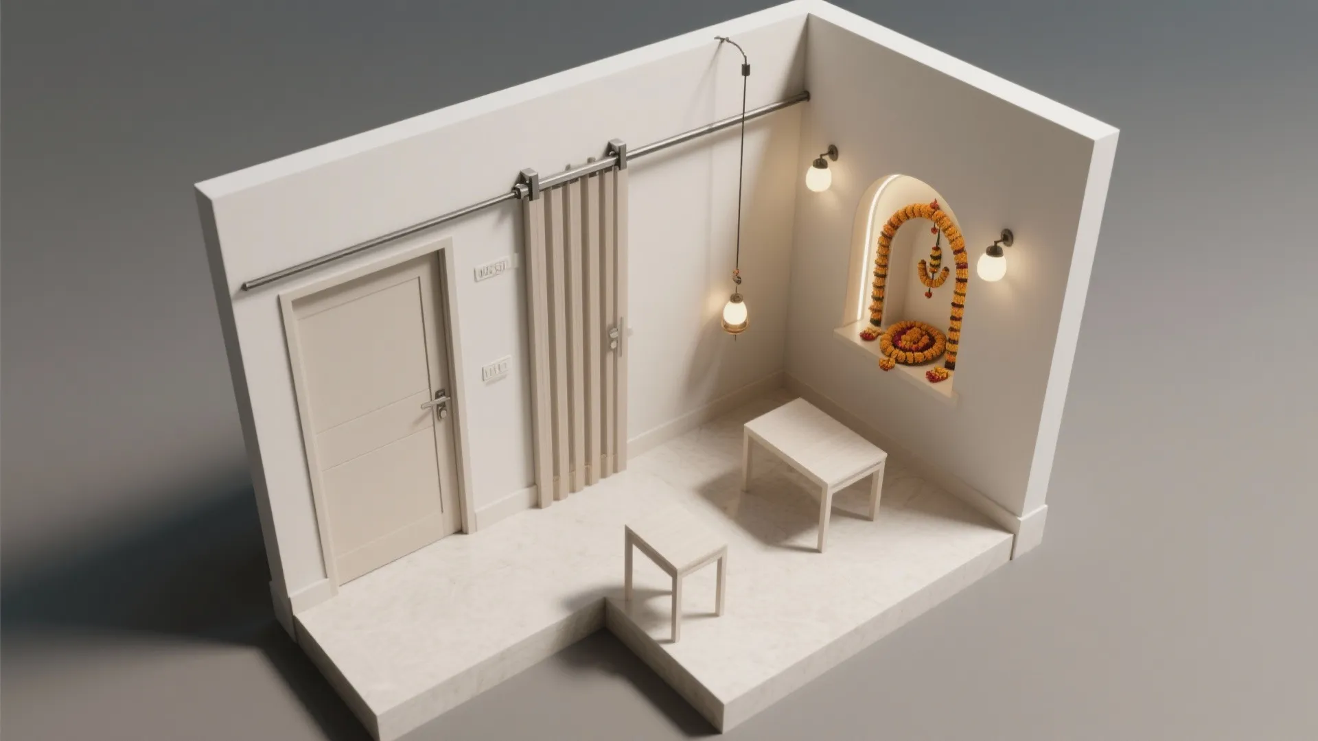 Top-down layout showing pooja door clearances, sliding track option, and circulation flow.