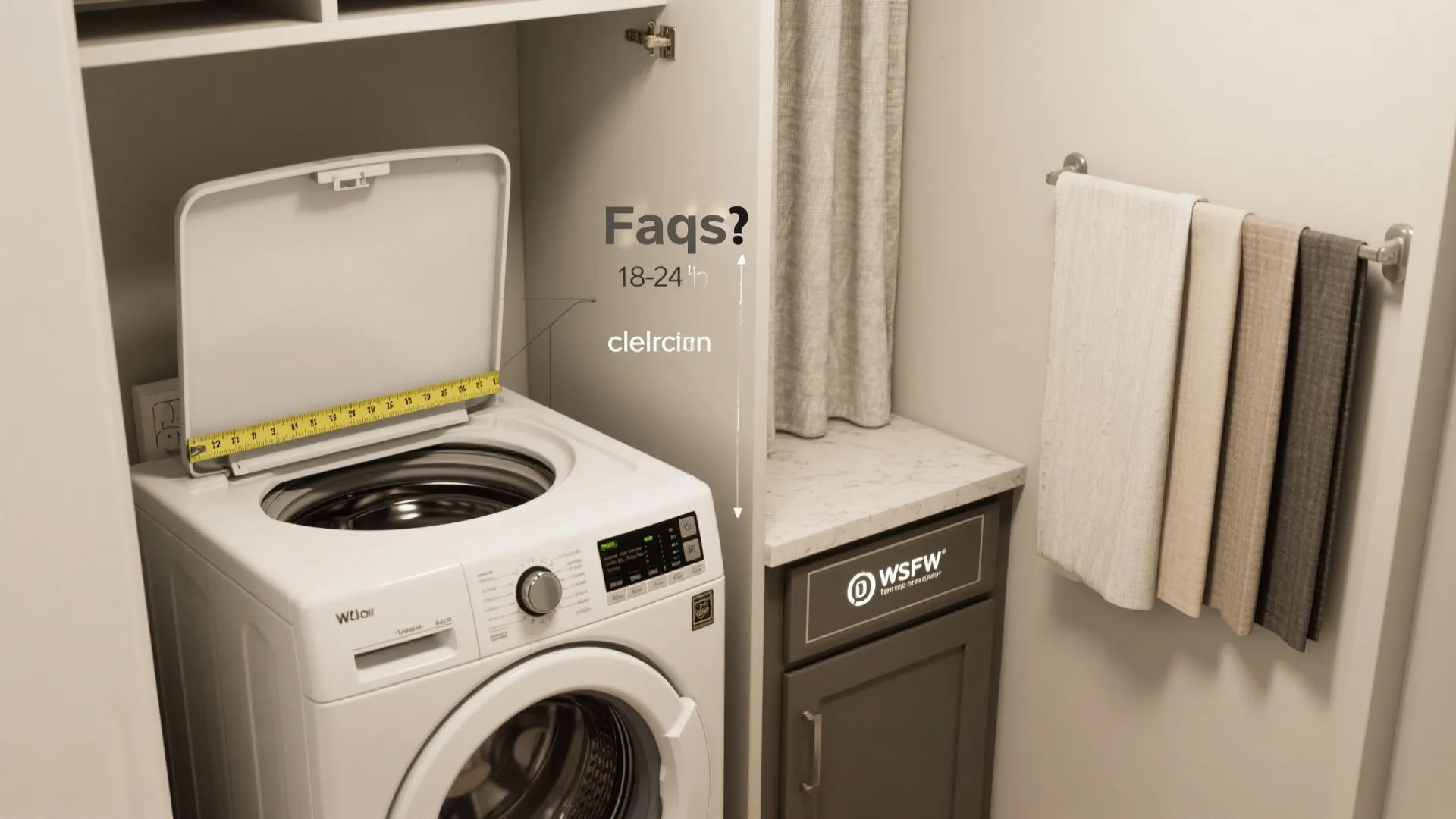 Top loading washing machine with open lid showing measurement dimensions for laundry room cabinet design