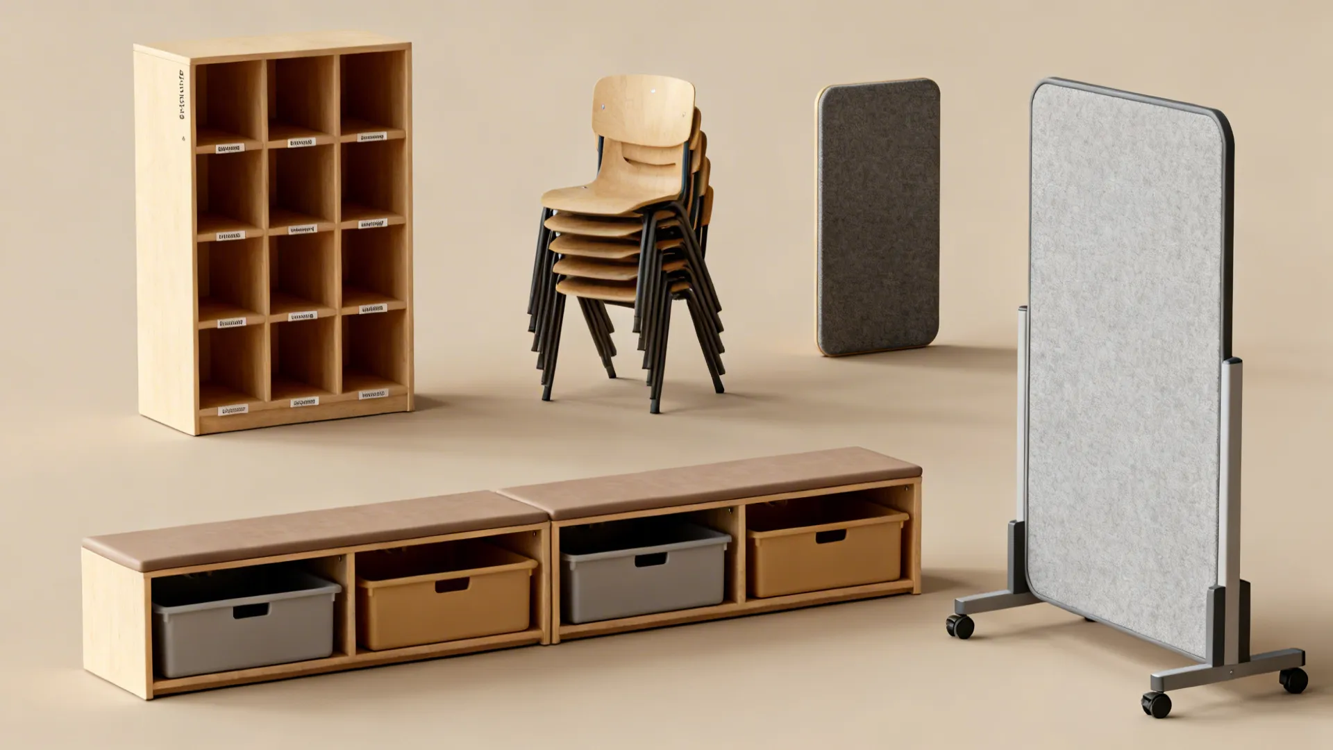 Compilation of classroom solutions: vertical storage, under-bench compartments, stackable chairs, acoustic panels, and mobile partitions.