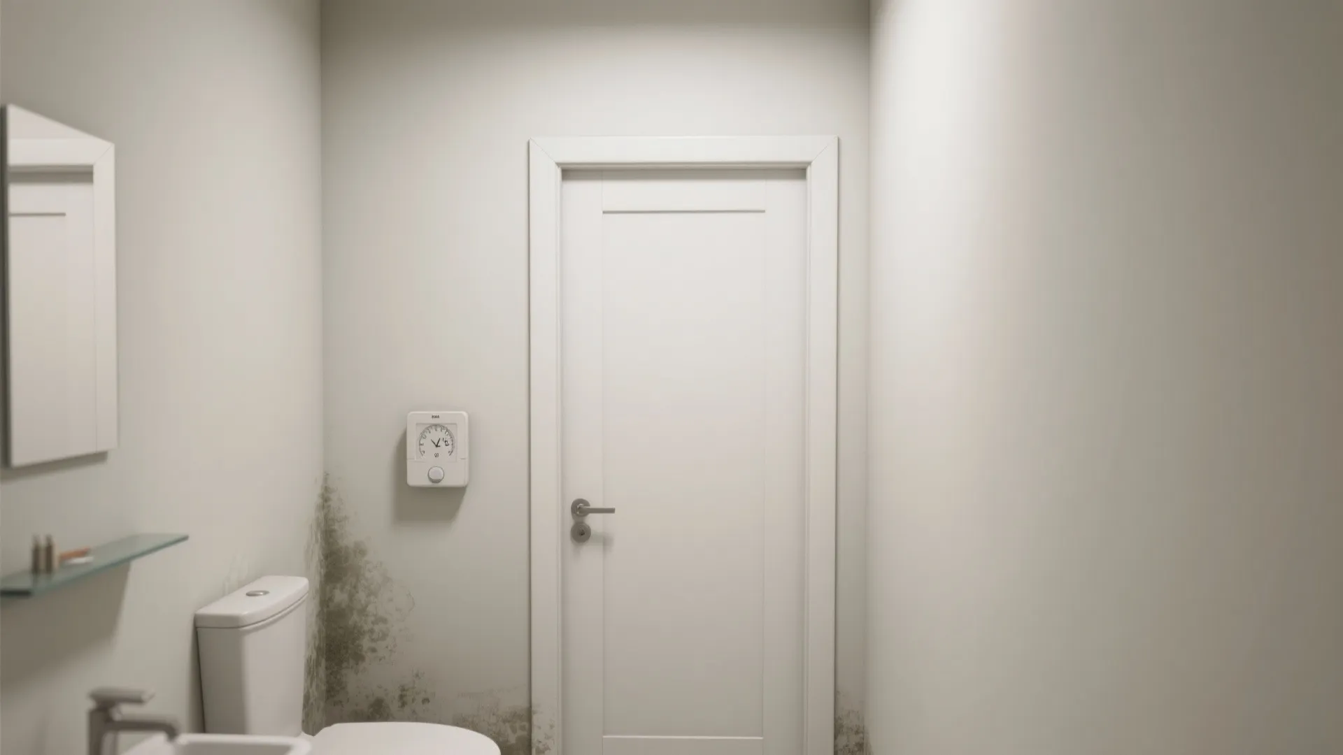 White bathroom with a closed door showing dark mold stains on the wall near toilet