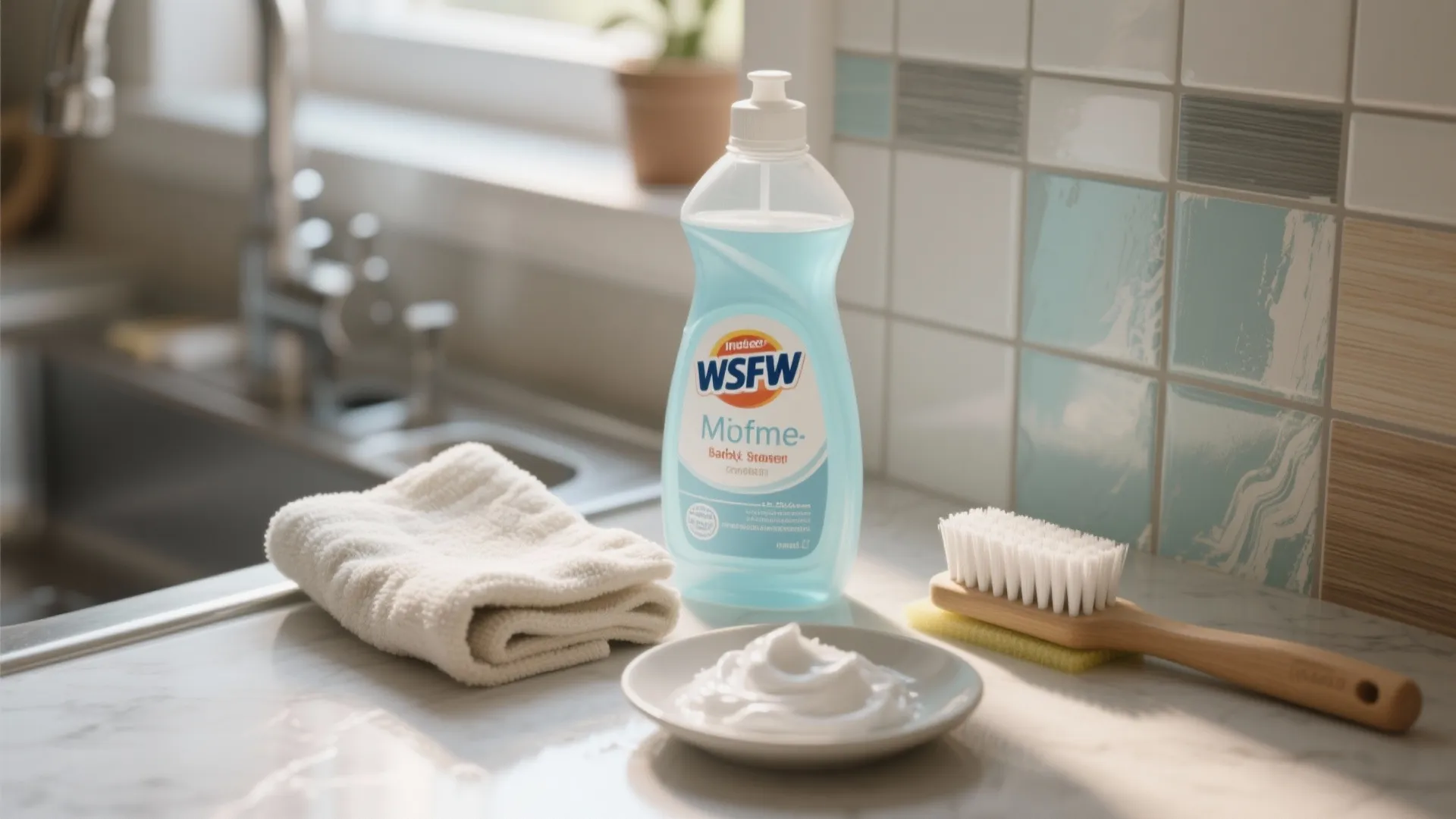Cleaning supplies including blue soap, wooden brush, white towel, and cream on a marble kitchen