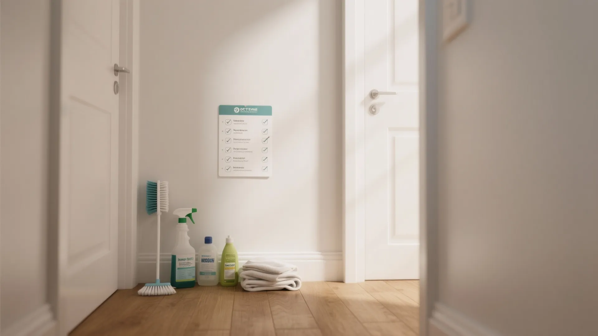 Tidy white hallway with cleaning supplies and a small checklist card illustrating FAQ tips about wall cleaning.