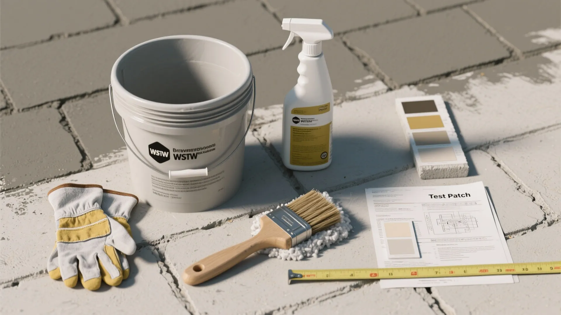 Top-down image of cleaning tools and test patches for preparing concrete block walls before painting.