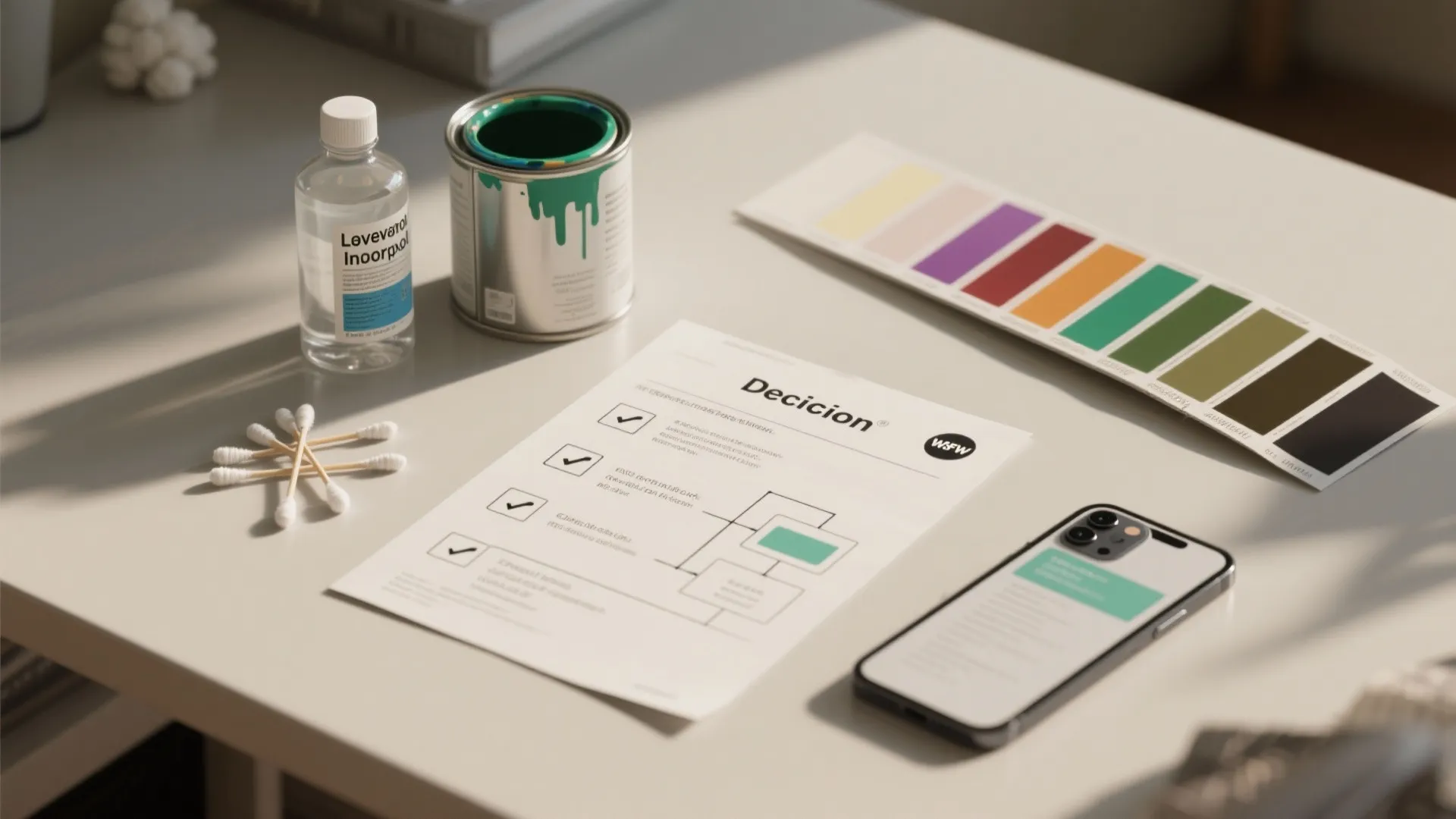 Home design decision checklist with paint color swatches smart phone and bottle on white table