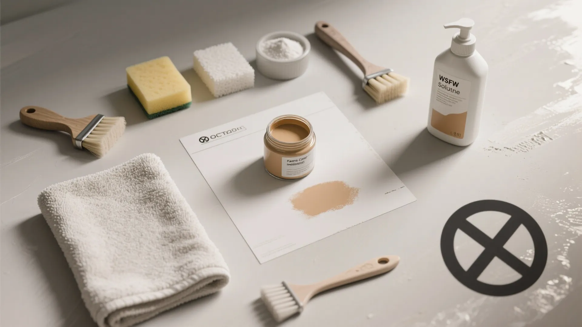 Cleaning tools including brushes sponges cloth and paint bottle for maintaining kitchen walls and surfaces