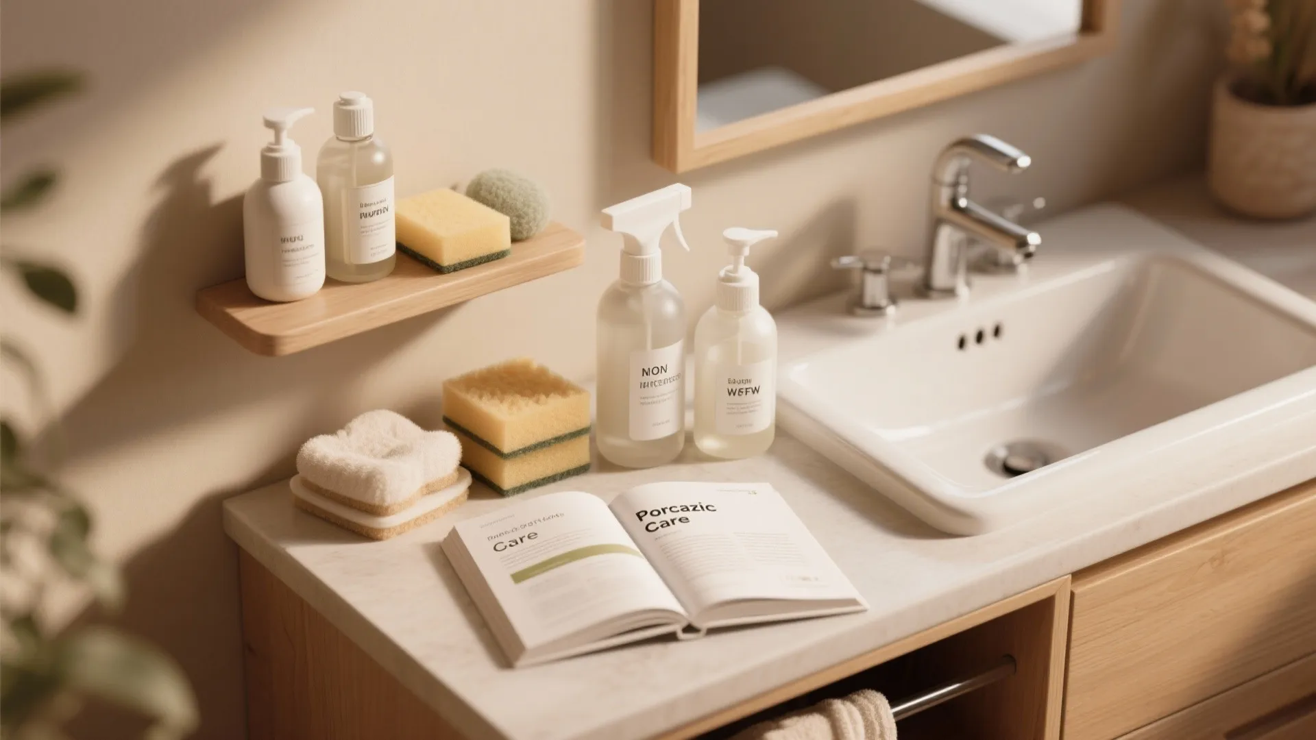 Bathroom sink area with cleaning bottles sponges an open book and white ceramic sink basin