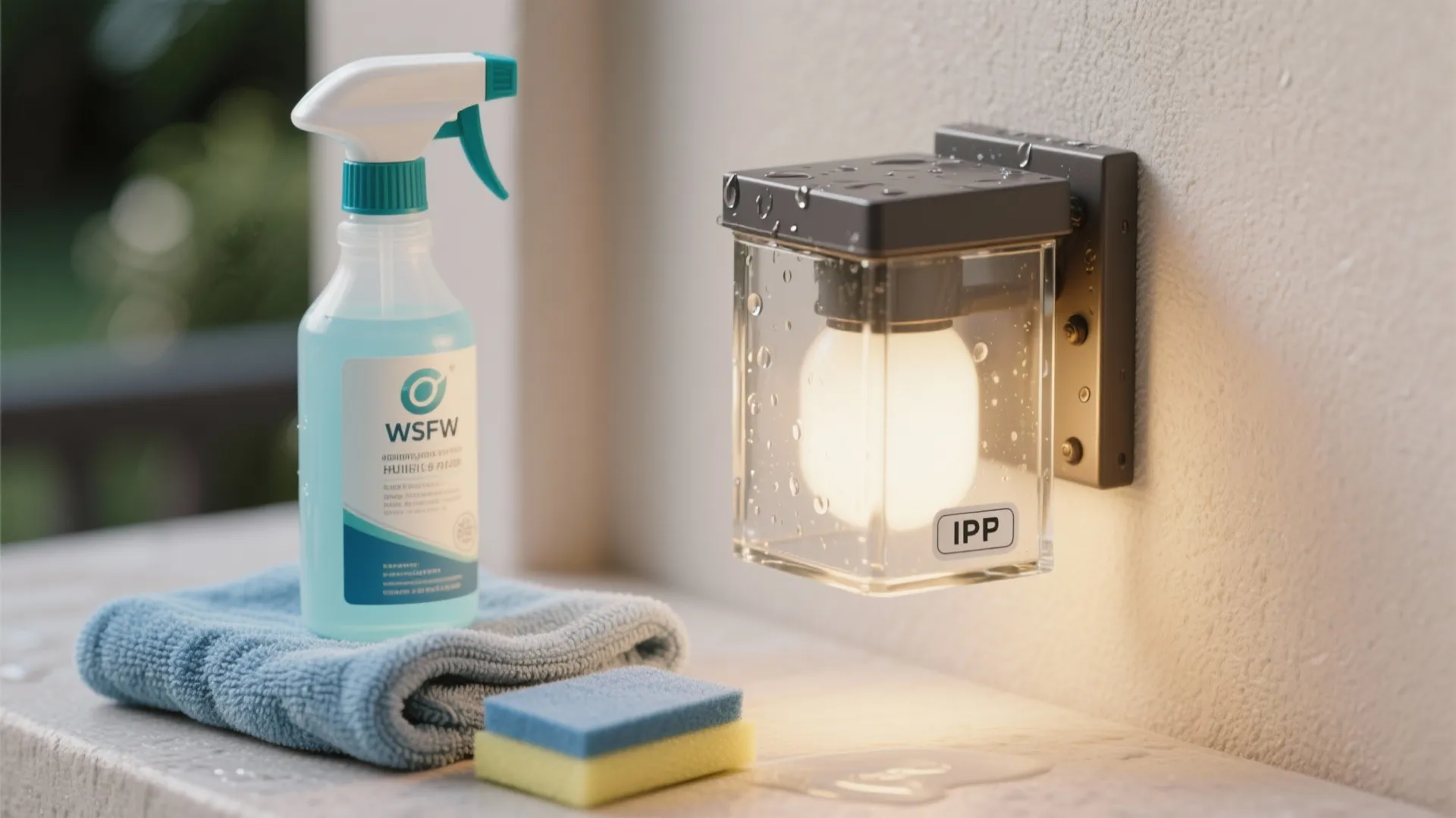 Microfiber cloth and an IP-rated outdoor glass sconce sample for cleaning and safety tips.