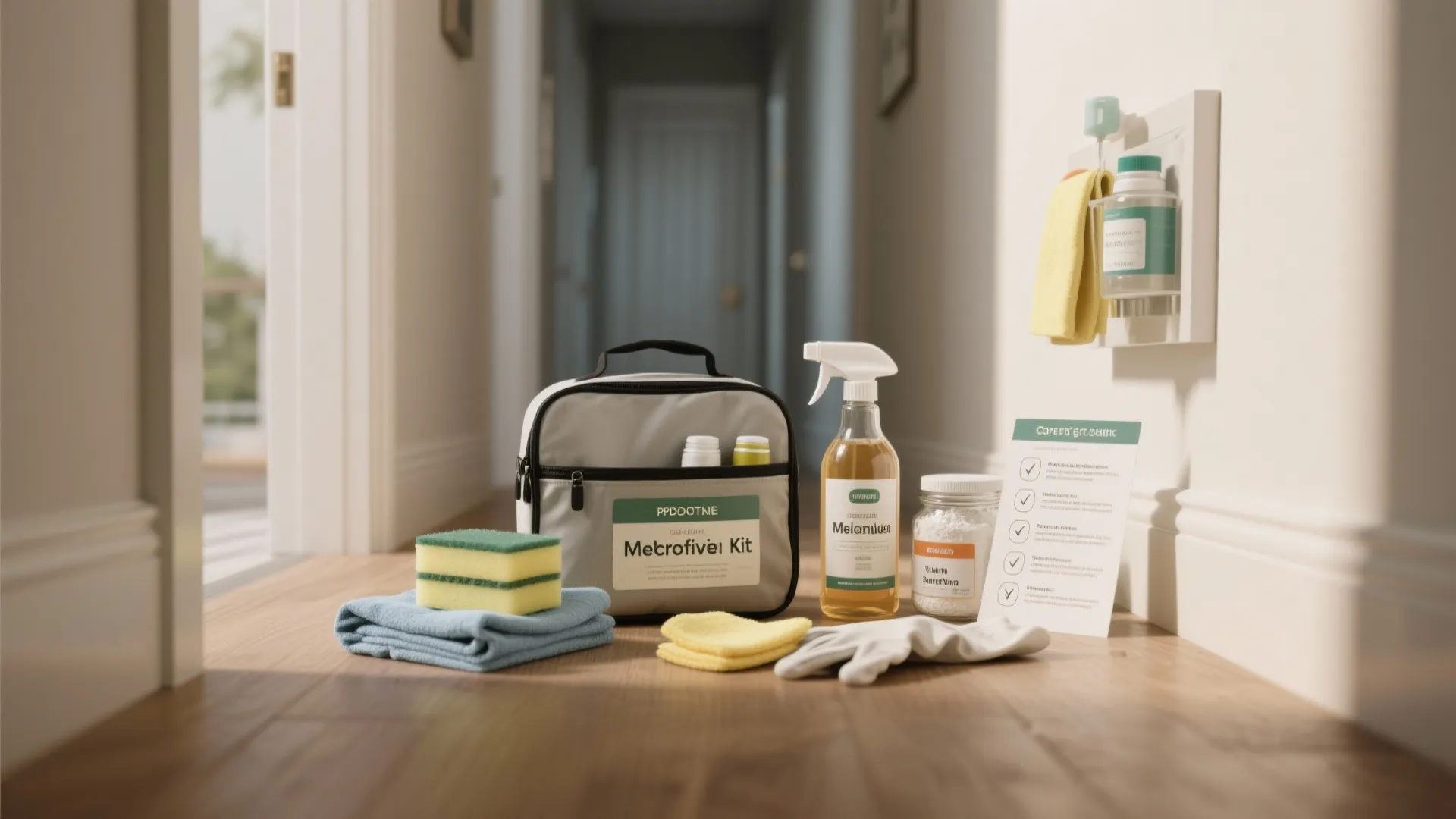 Organized wall-cleaning kit with cloths, sponge, vinegar spray, baking soda and touch-up paints in a hallway.