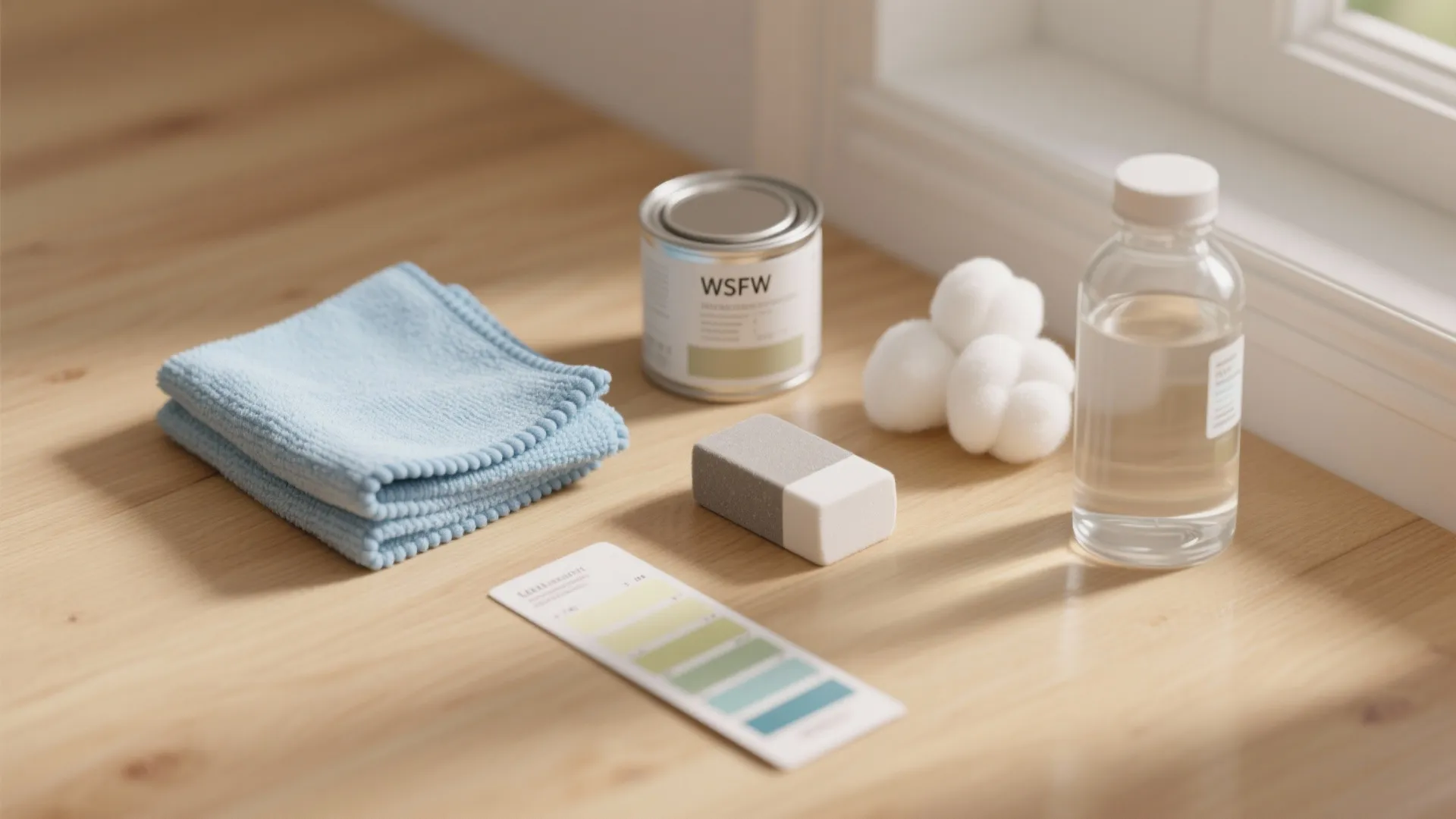 Cleaning kit on wooden table with blue towel metal can sponge cotton balls and liquid