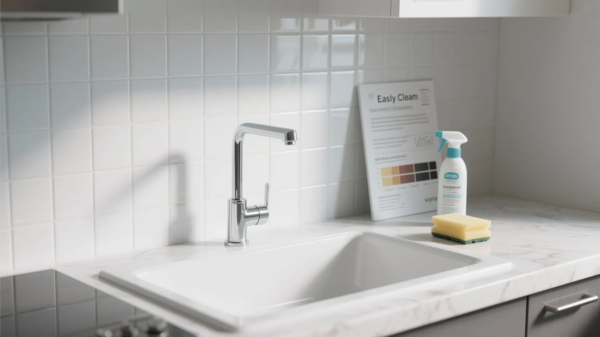 White kitchen sink and backsplash with glazed porcelain tile and a grout test card illustrating cleaning options.