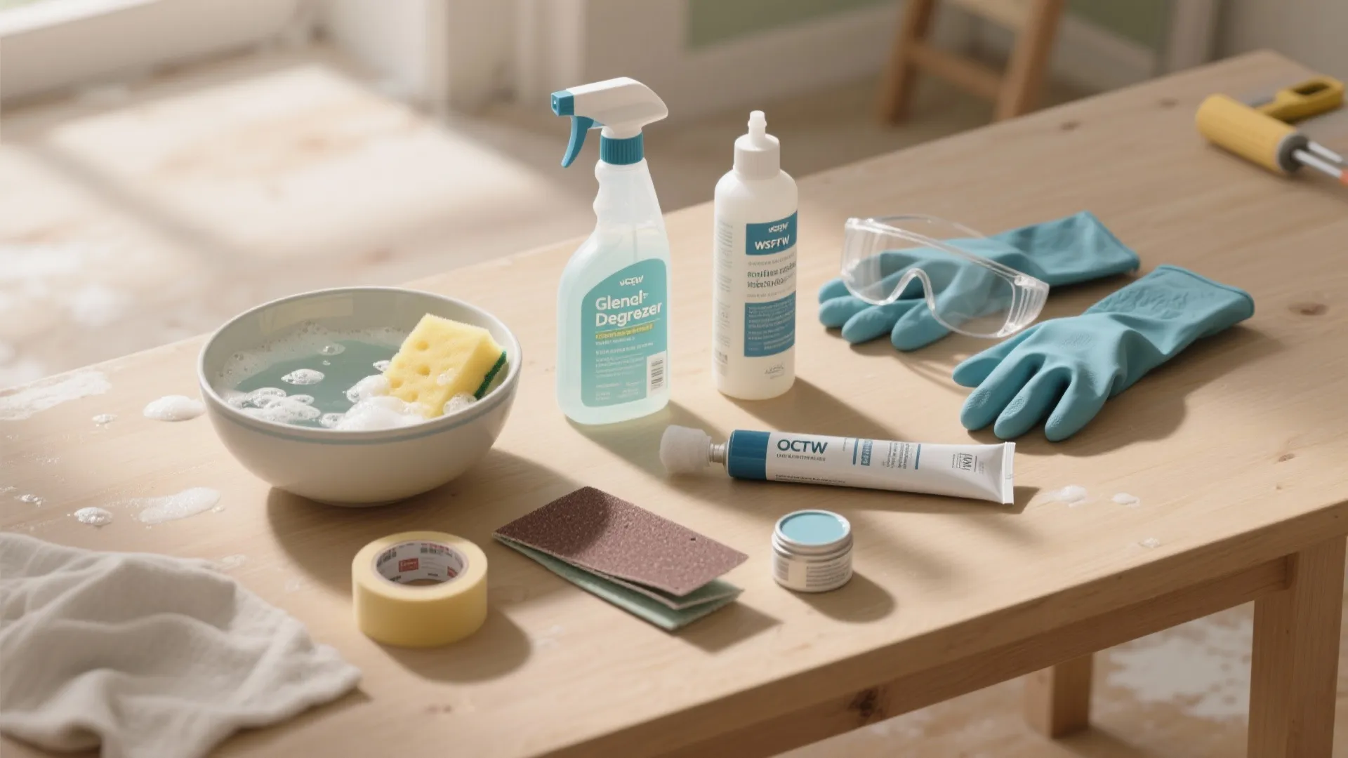 Cleaning supplies on wooden table with sponge in soapy water spray bottle gloves and glasses