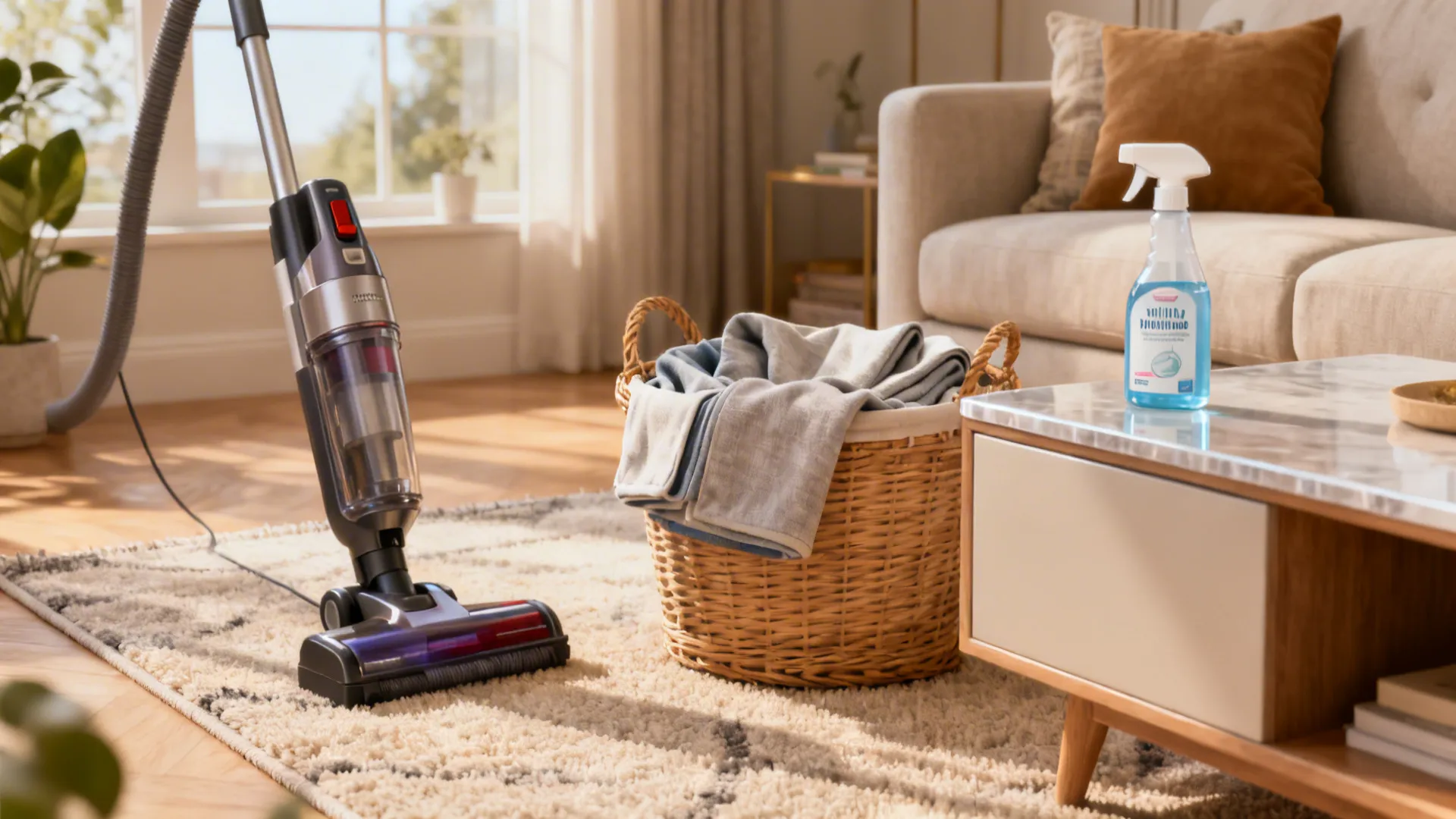 Living room scene showing routine cleaning items: vacuum, slipcovers, and gentle cleaner