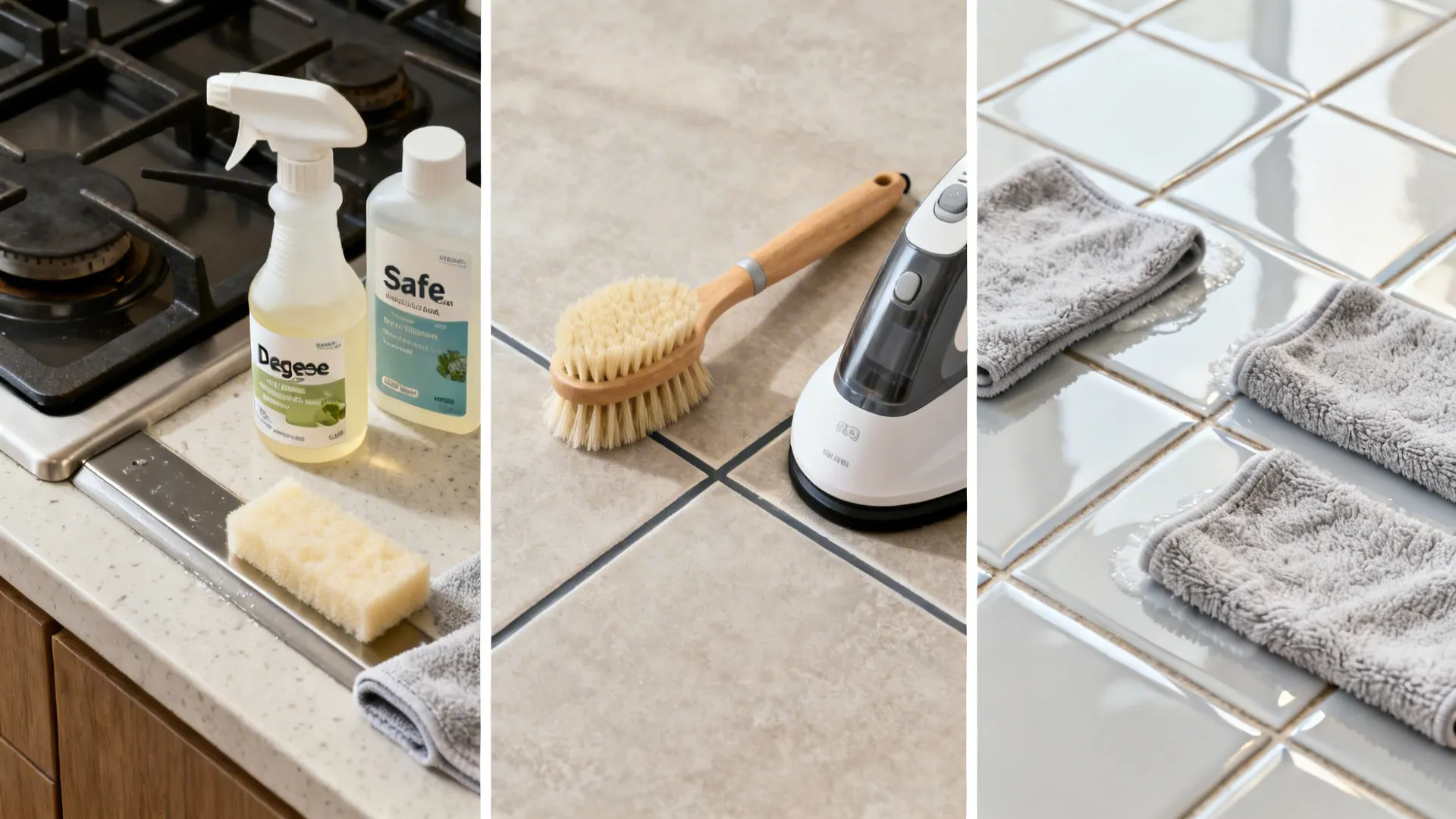 Top-down vignettes showing degreasing, grout steaming, and microfiber buffing on tiles.