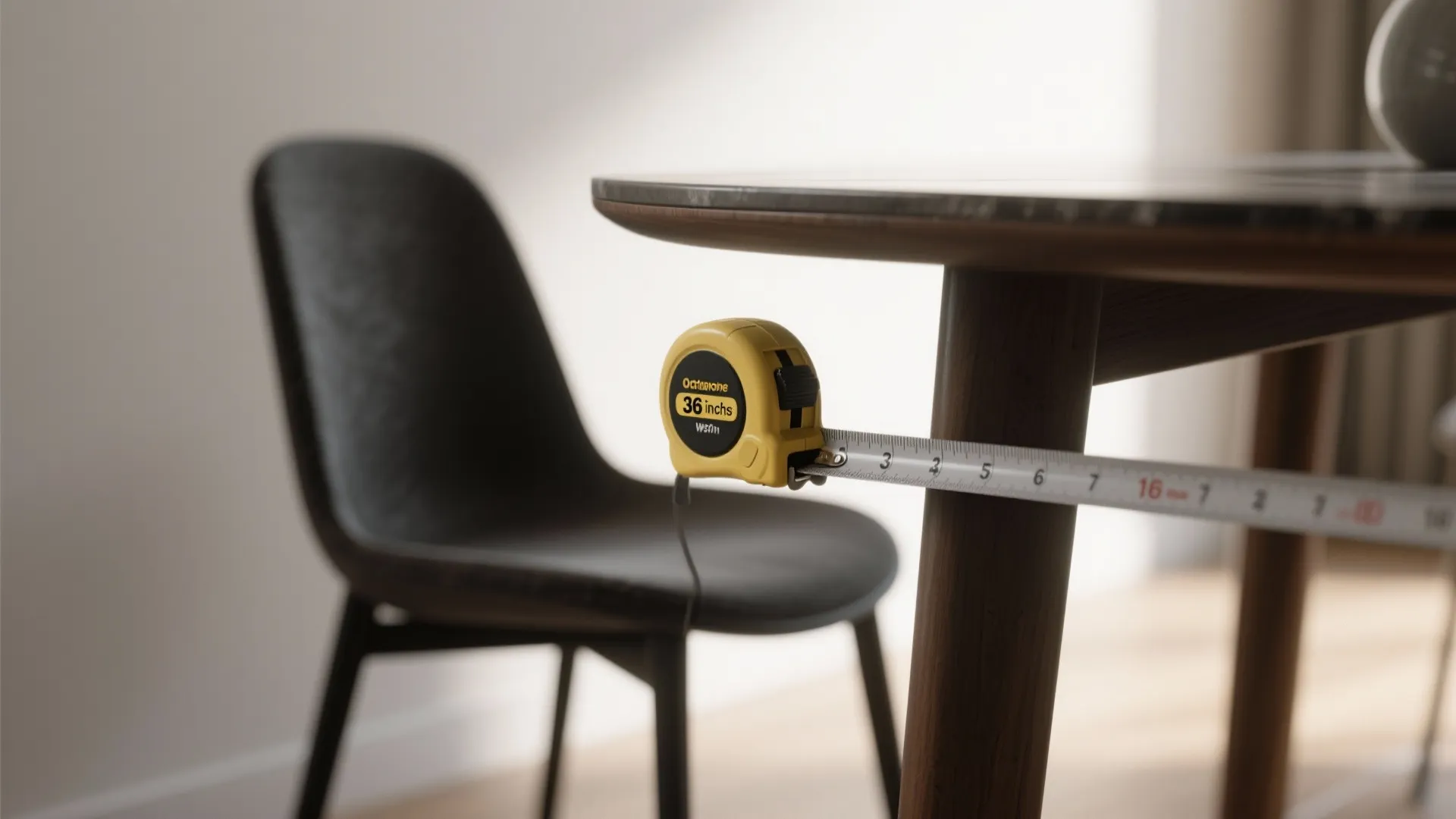 Yellow measuring tape showing clearance distance between a wooden table leg and a black chair