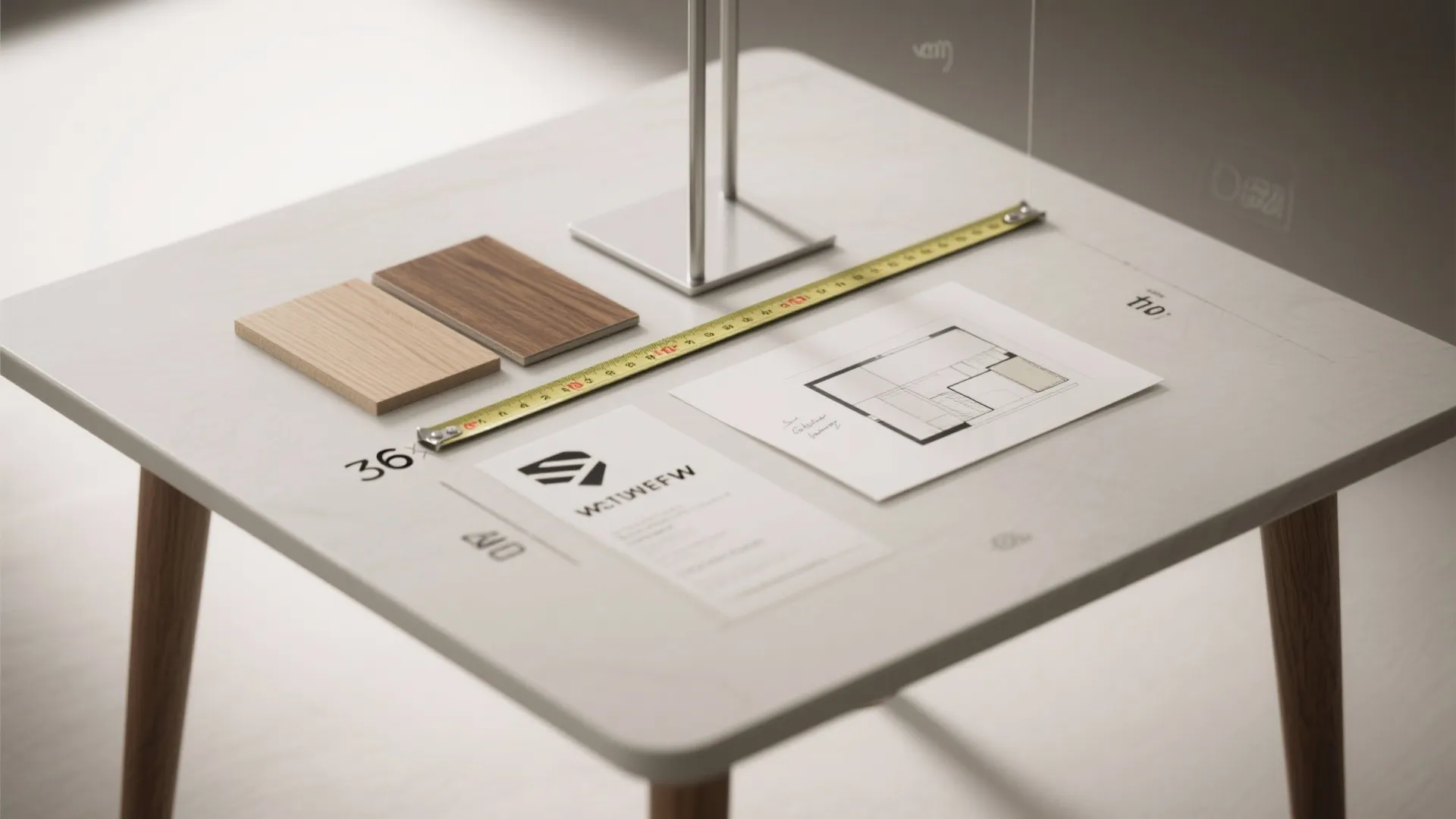 Interior design drawing on white table with wood samples yellow measuring tape and professional business documents