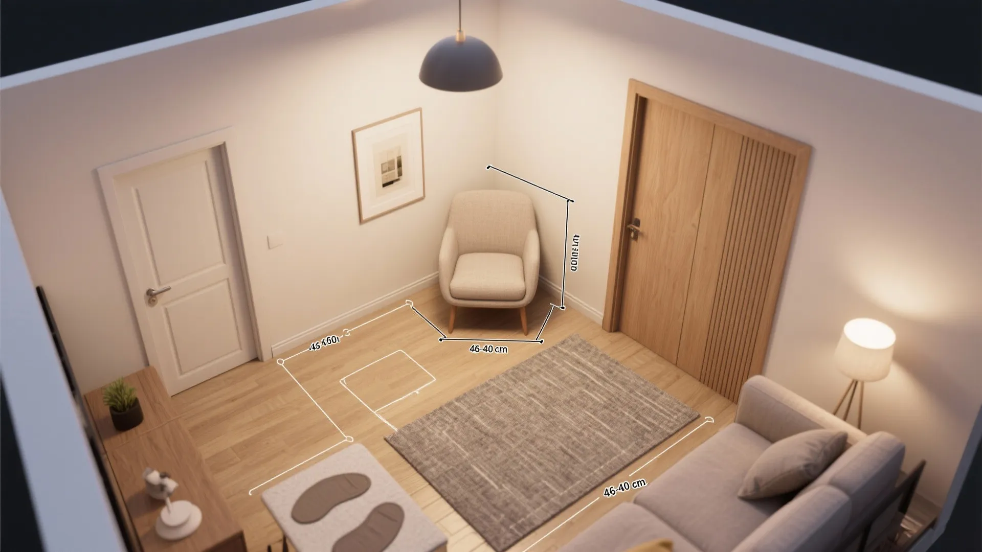 Interior design drawing showing top view of a room with furniture measurements and floor layout plan