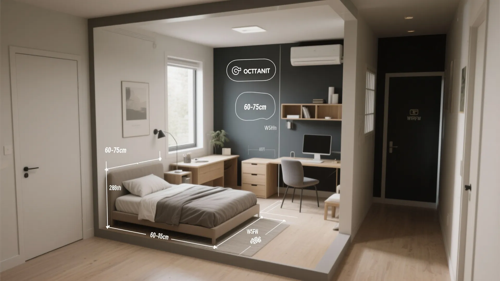 Small bedroom interior design drawing with dimensions showing bed desk chair and grey feature wall