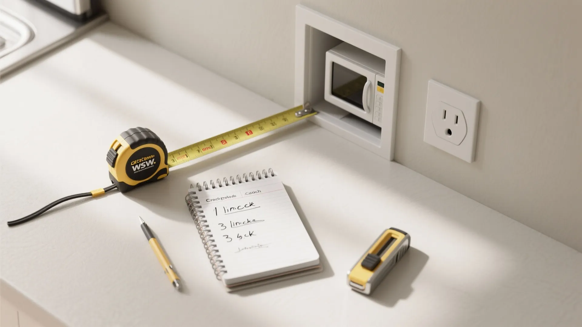 Measuring tape and notebook on kitchen counter near a small microwave niche and wall outlet
