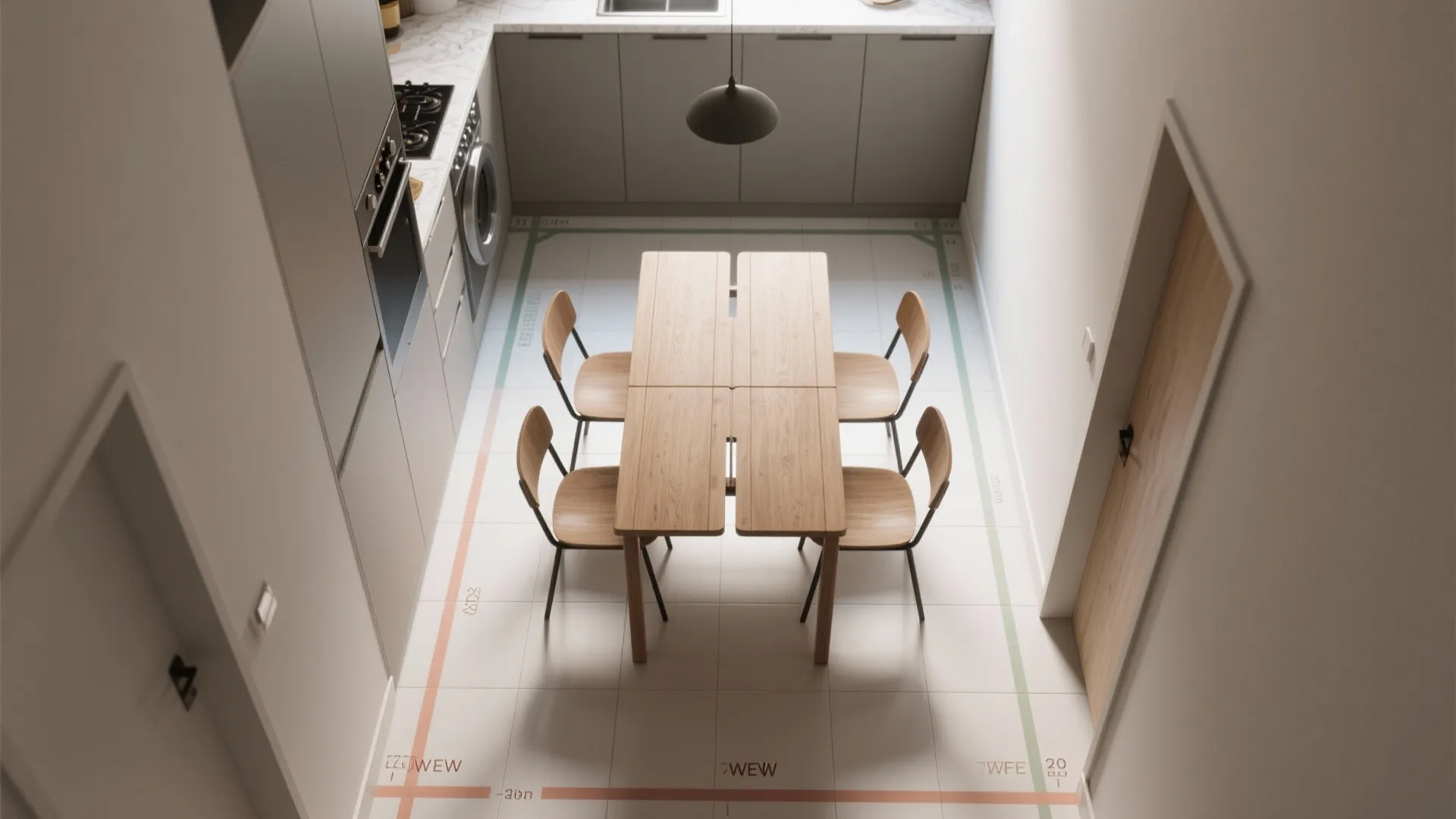 Top-down layout visualization of a narrow kitchen with a drop-leaf table and subtle clearance zones for circulation.