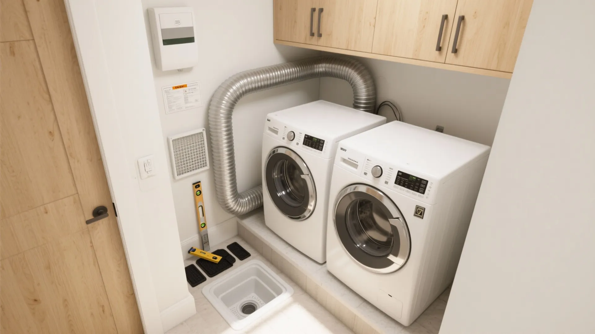 Small laundry room with two white washing machines under wood cabinets with metal vent pipe hose
