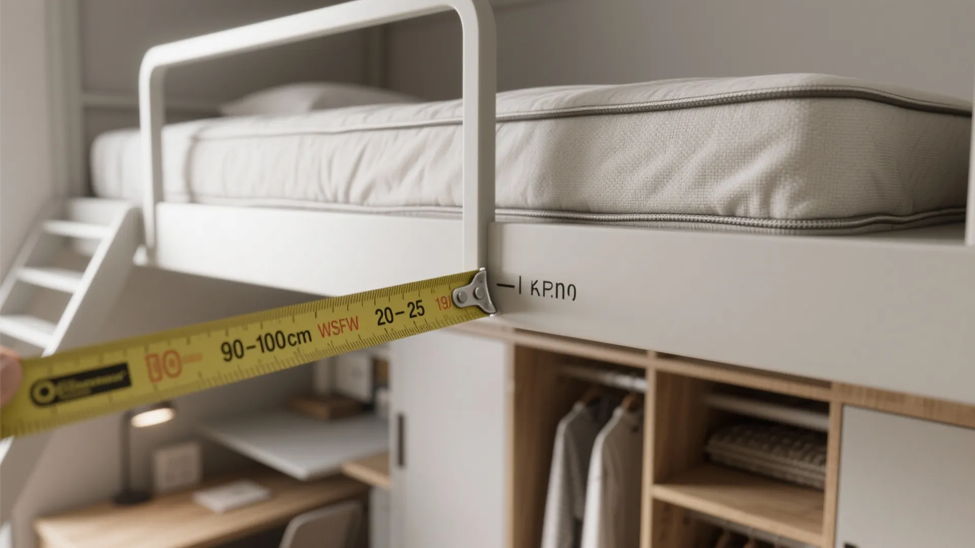 A yellow tape measure checking the height of a white metal bunk bed with mattress