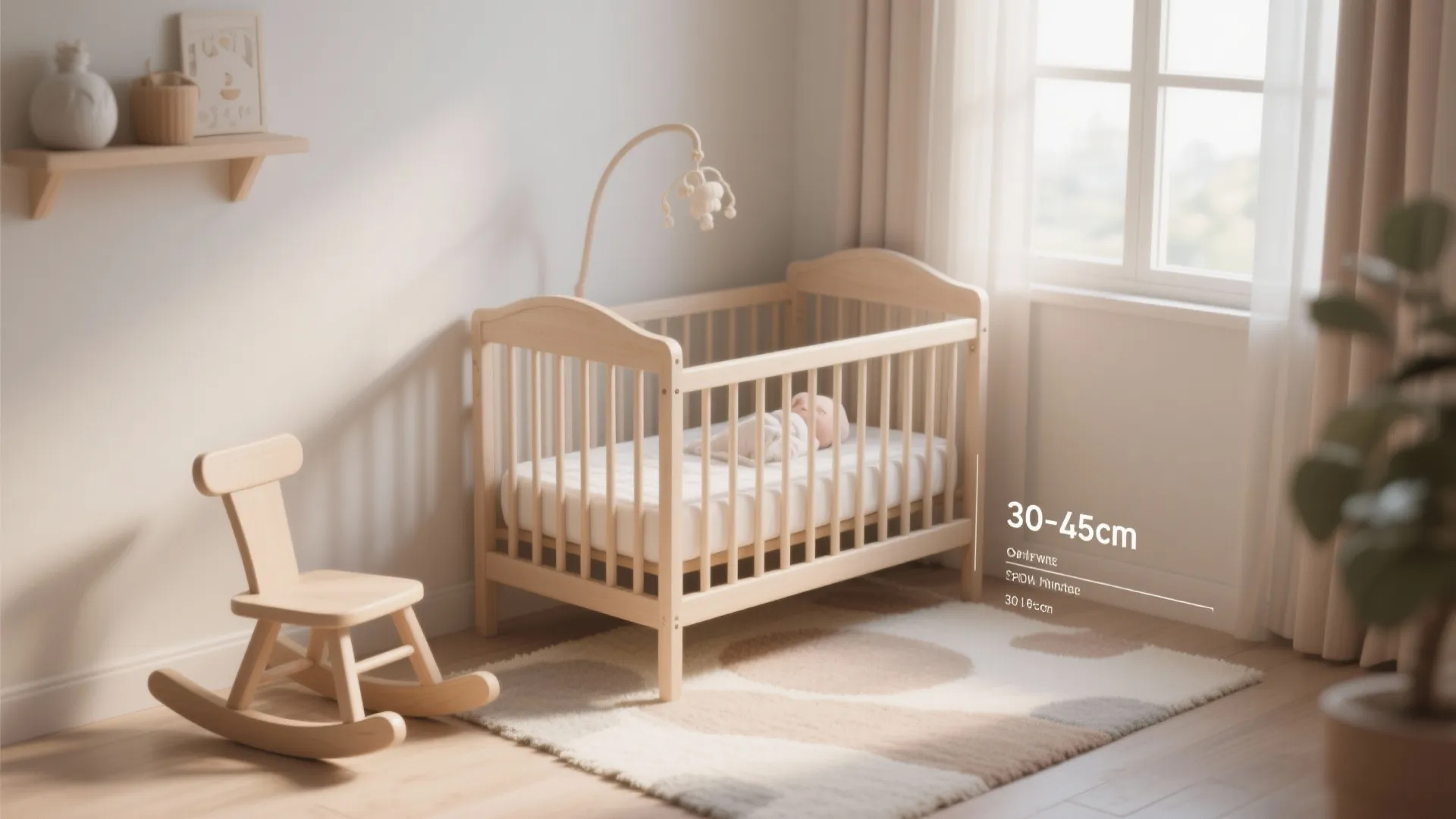 Cozy nursery with wooden baby bed rocking chair patterned rug and measurements shown for furniture clearance