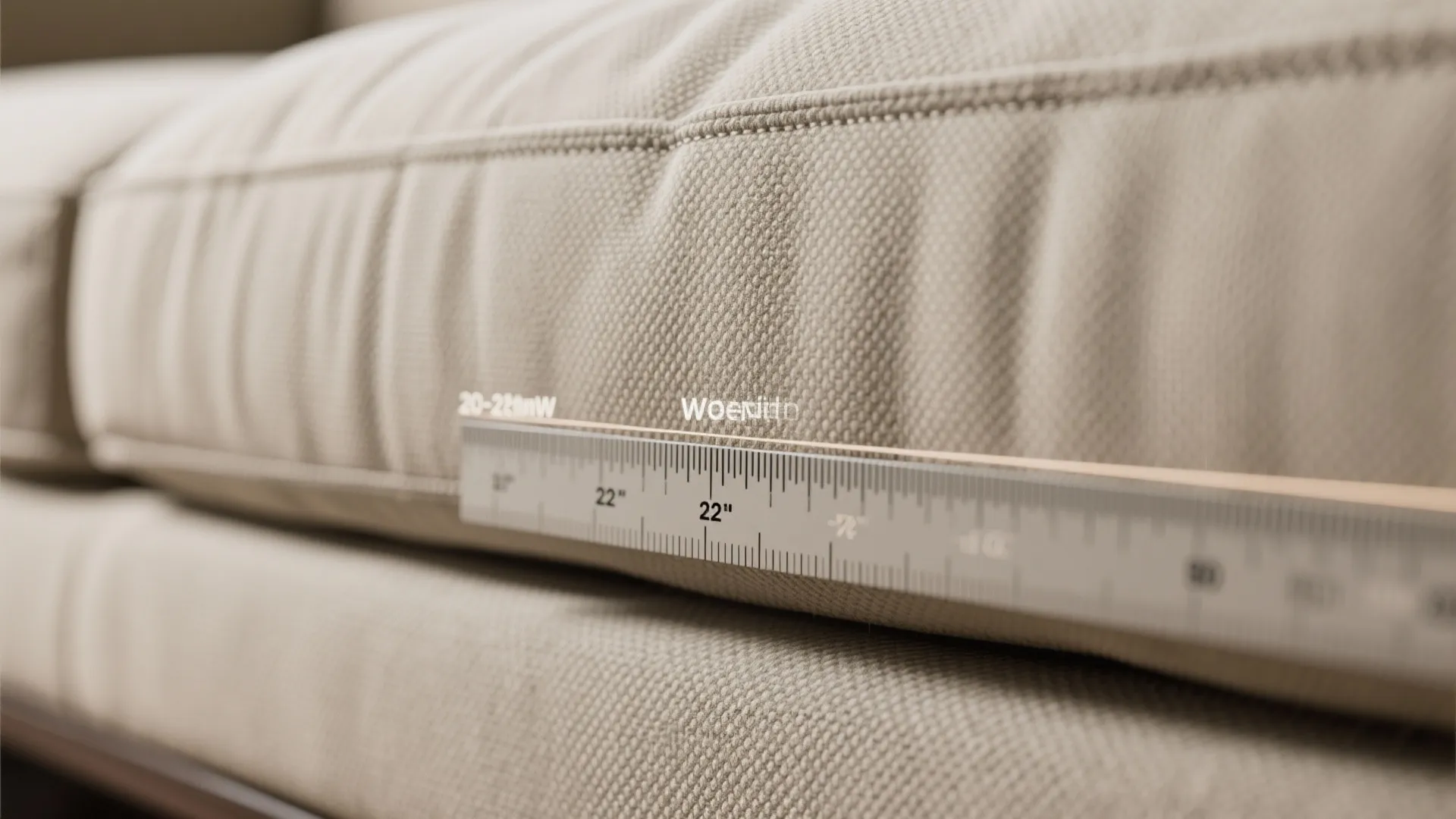 Macro close-up of sofa seat depth measurement and tightly woven upholstery showing recommended 20–22 inch depth.