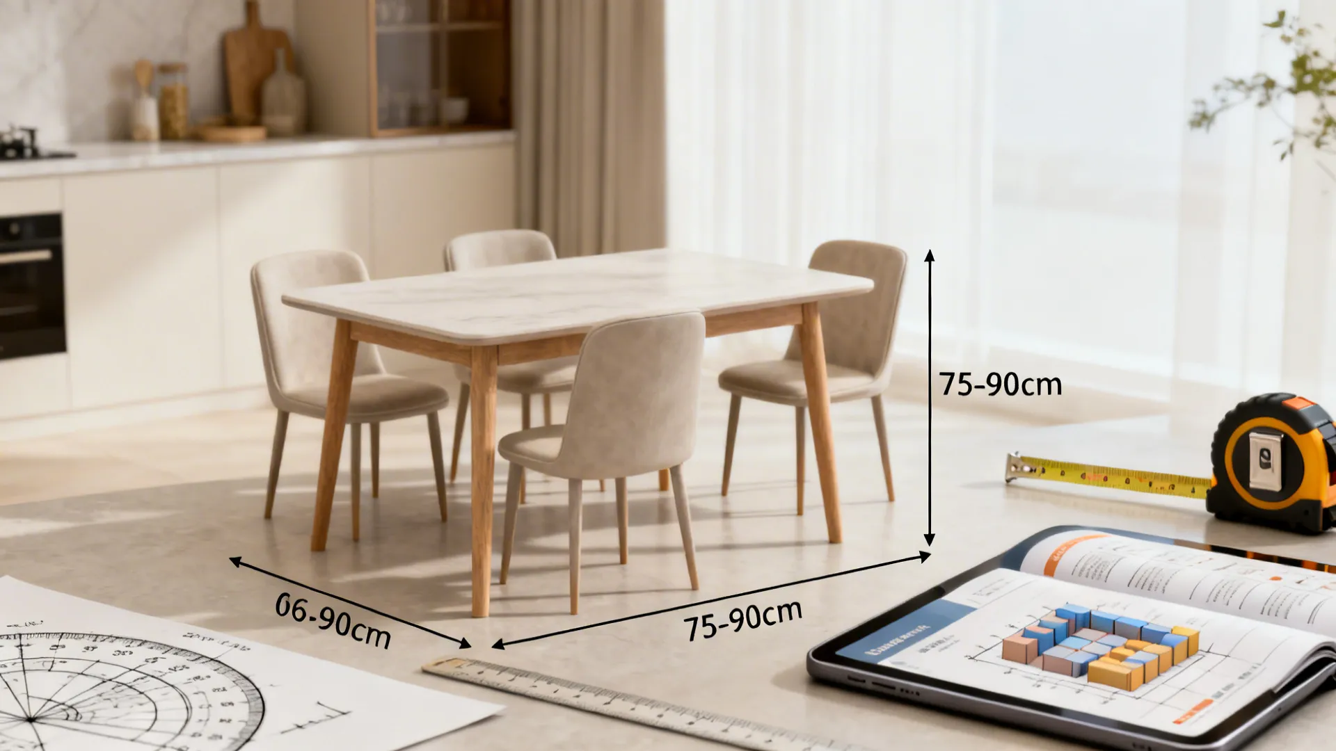Dining table and chairs with measurement lines showing recommended room layout for comfortable furniture planning