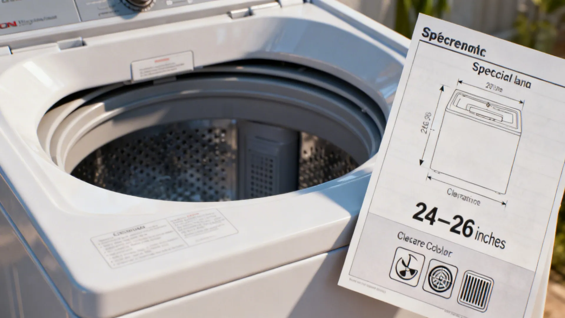Spec sheet showing clearance dimensions and ventilation tips for top-load washers.