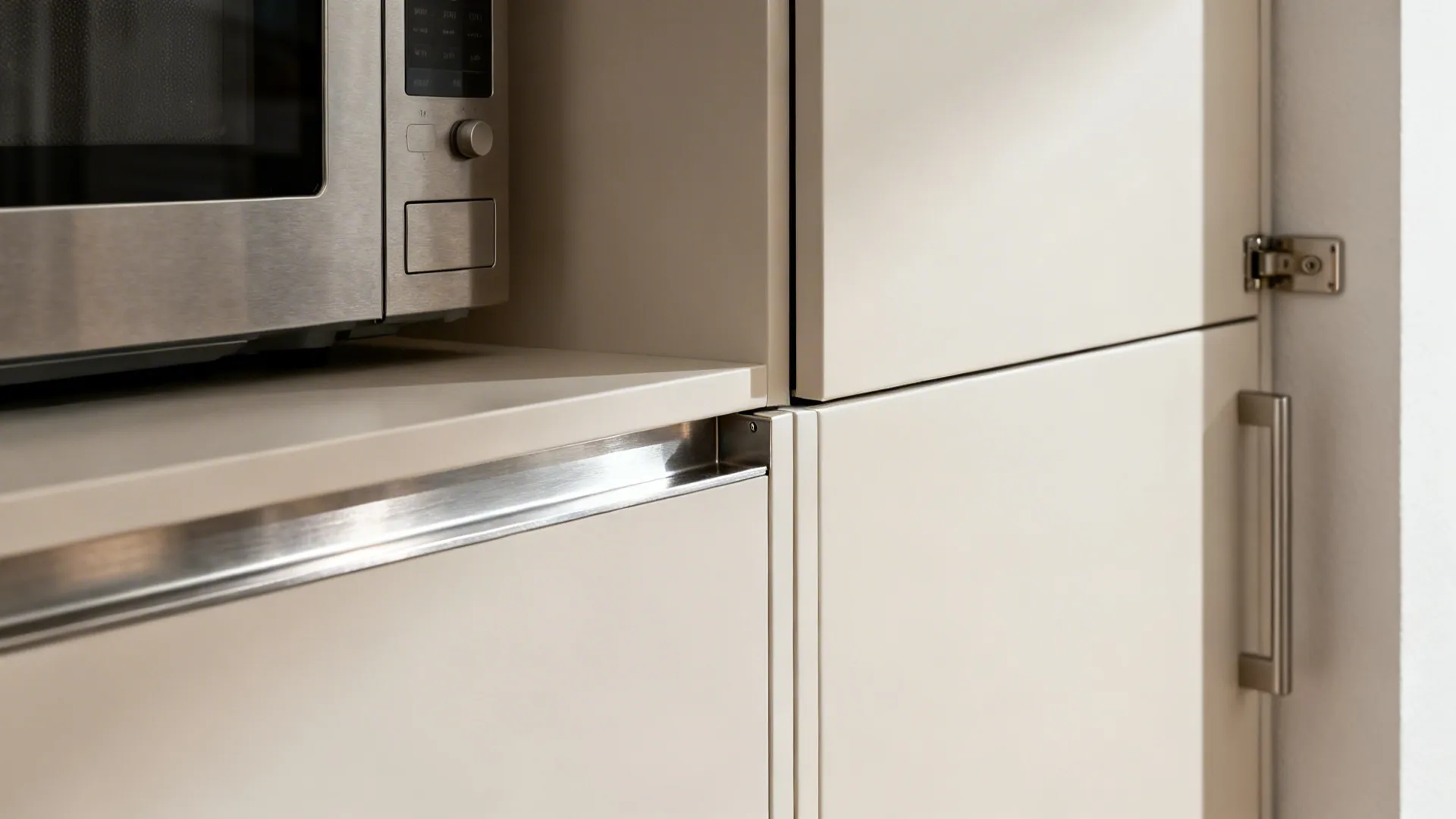Close-up of microwave door swing and handle clearance next to a wall in a built-in cabinet.