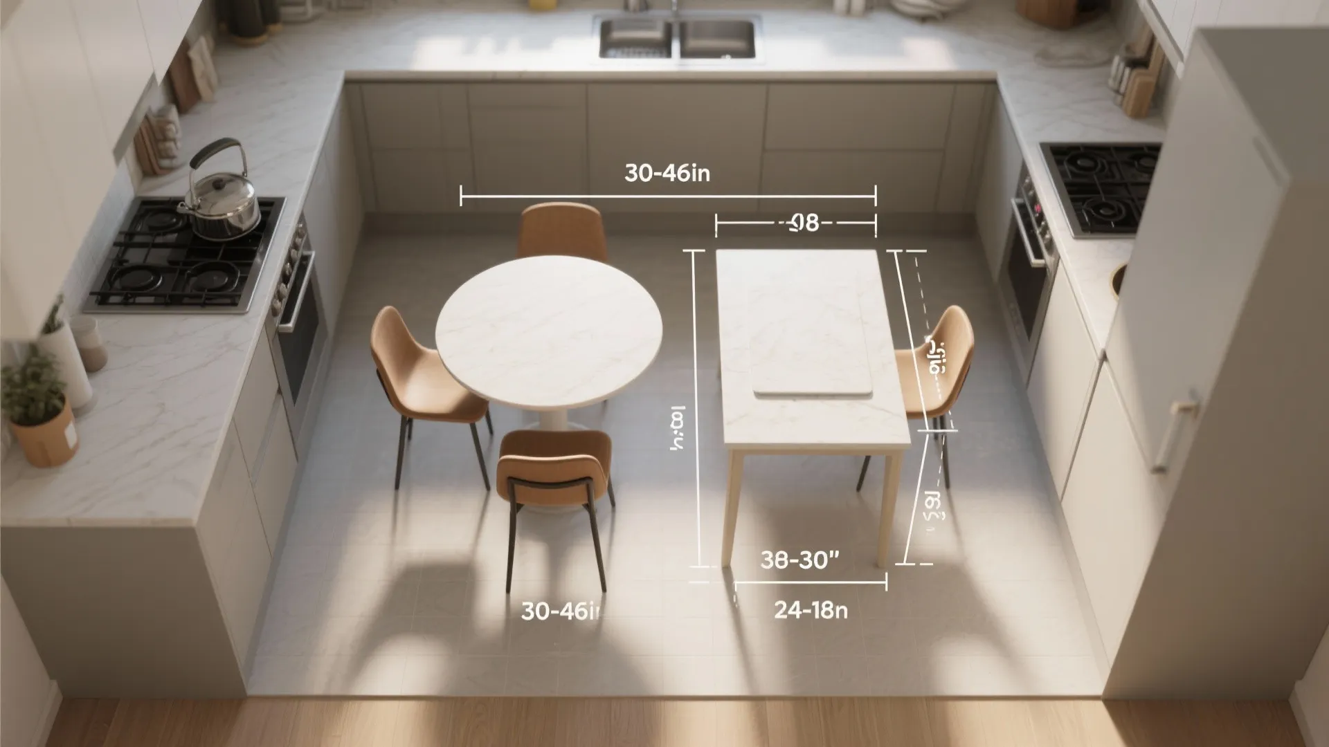 Top-down clearance guide for small kitchen tables showing recommended circulation distances and table sizes