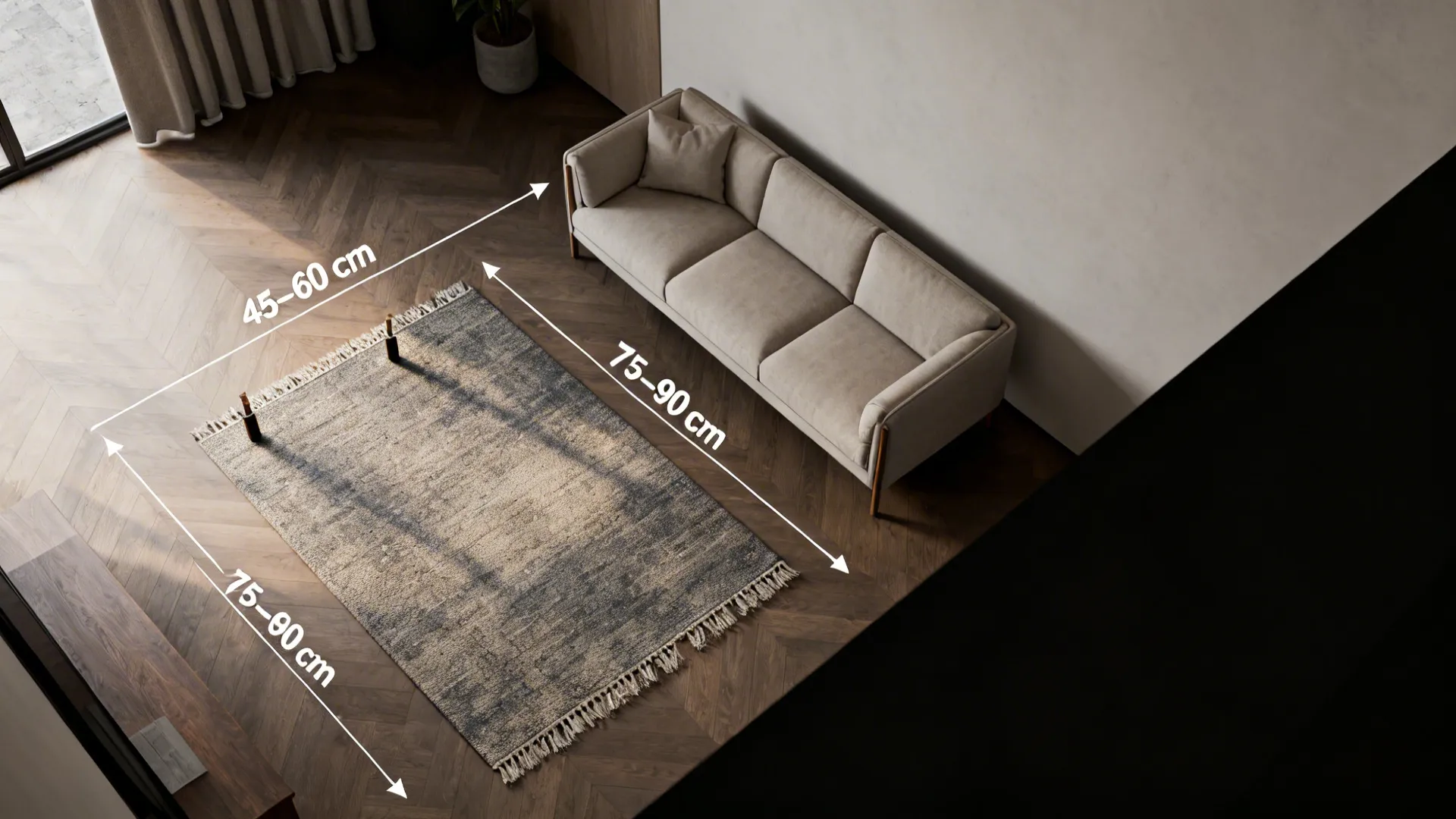 Top-down diagram showing recommended clearances and rug placement for living room layouts