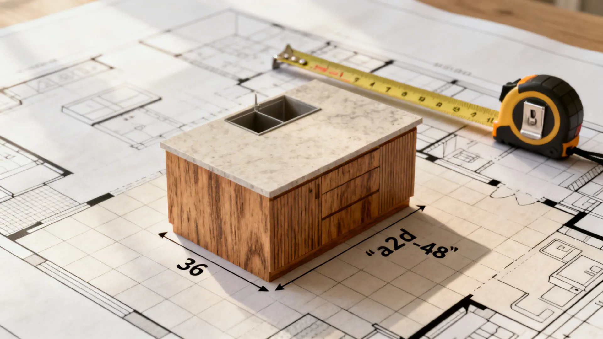 Measuring tape and scale model island on a kitchen floor plan showing recommended clearances