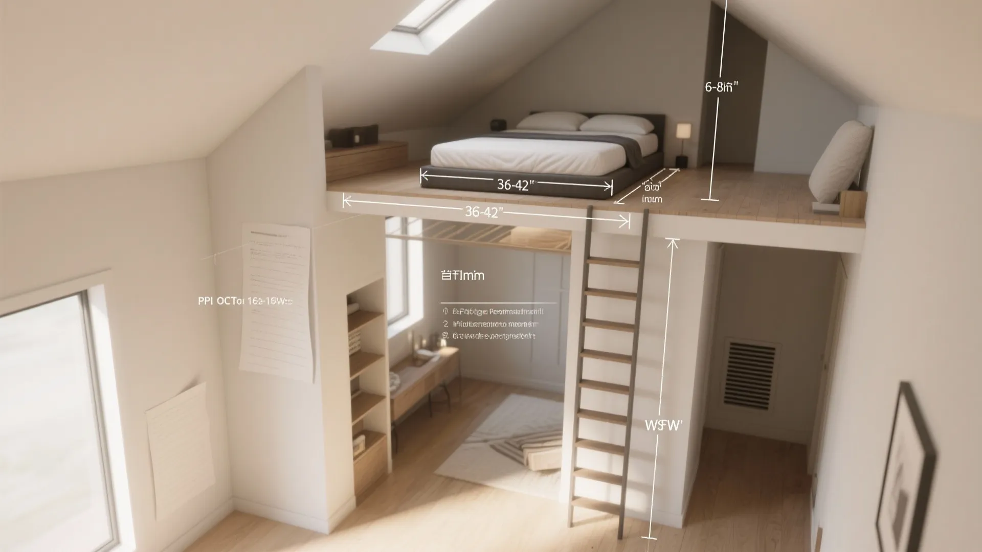 Top-down 3D layout showing loft clearance dimensions, mattress thickness guidance, and ventilation notes.