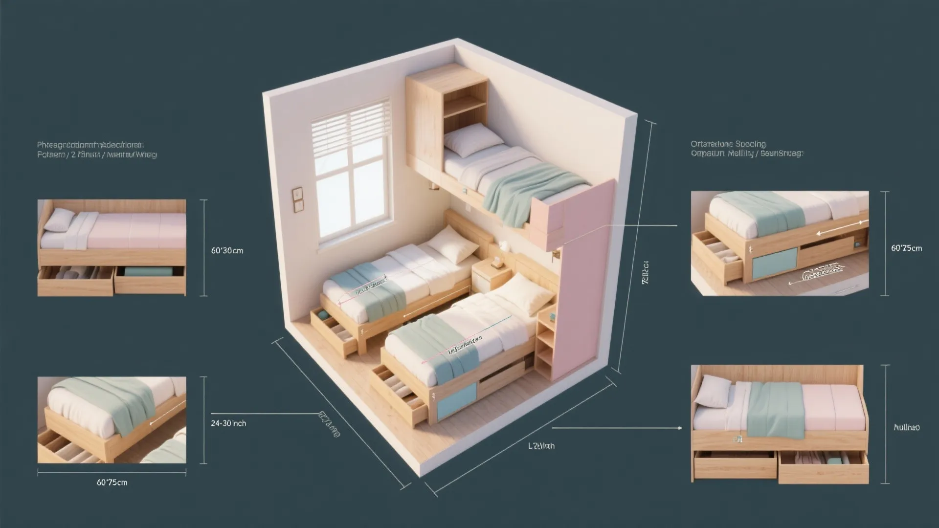 Interior design drawing showing a small bedroom layout with bunk beds and storage space dimensions