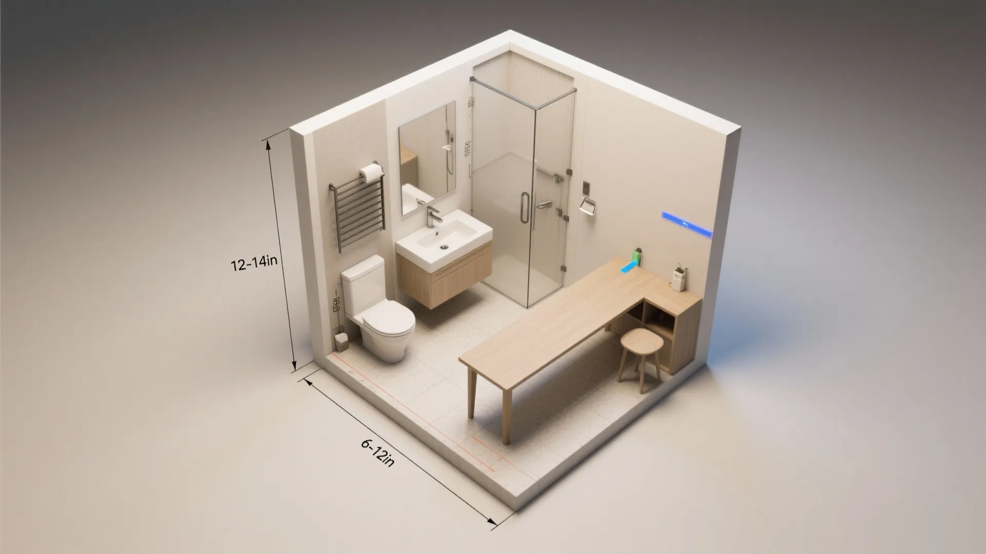 Top-down mini floorplan illustrating 30-inch clearance and recommended table widths and depths for small bathrooms.