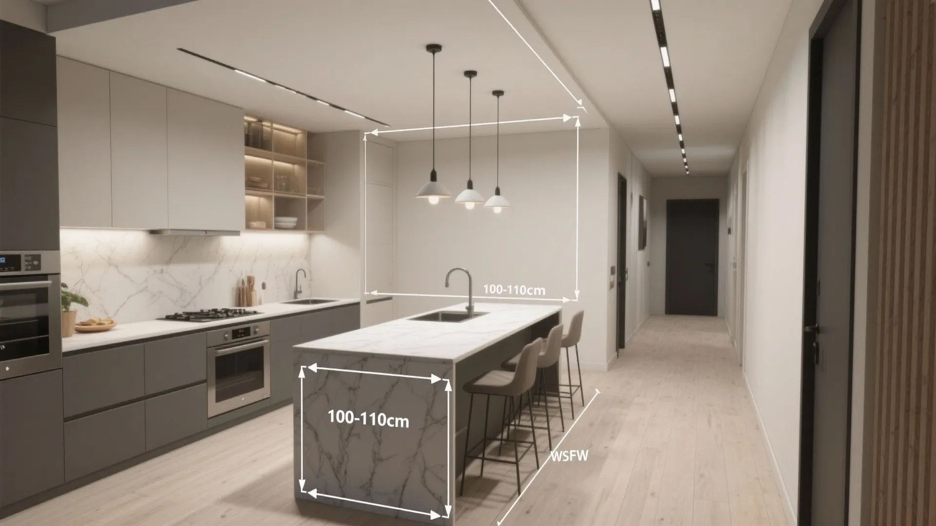 Modern kitchen interior design showing island height and workspace clearance measurements with three white ceiling lights