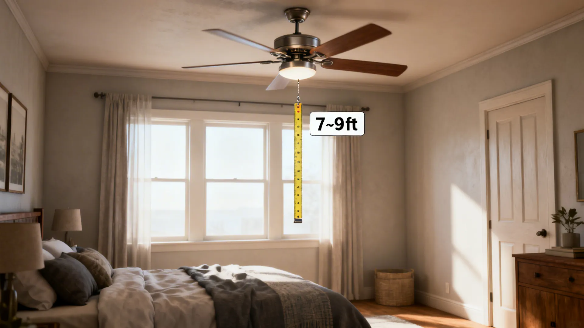 Bedroom with ceiling fan showing a yellow measuring tape to indicate seven to nine feet
