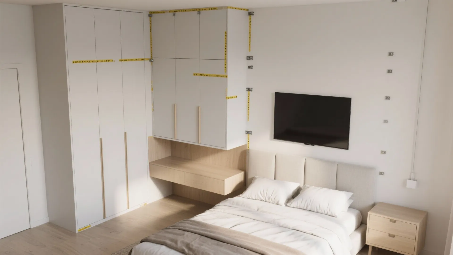 Bedroom interior design drawing showing measurement tapes on white cabinets and walls for furniture installation